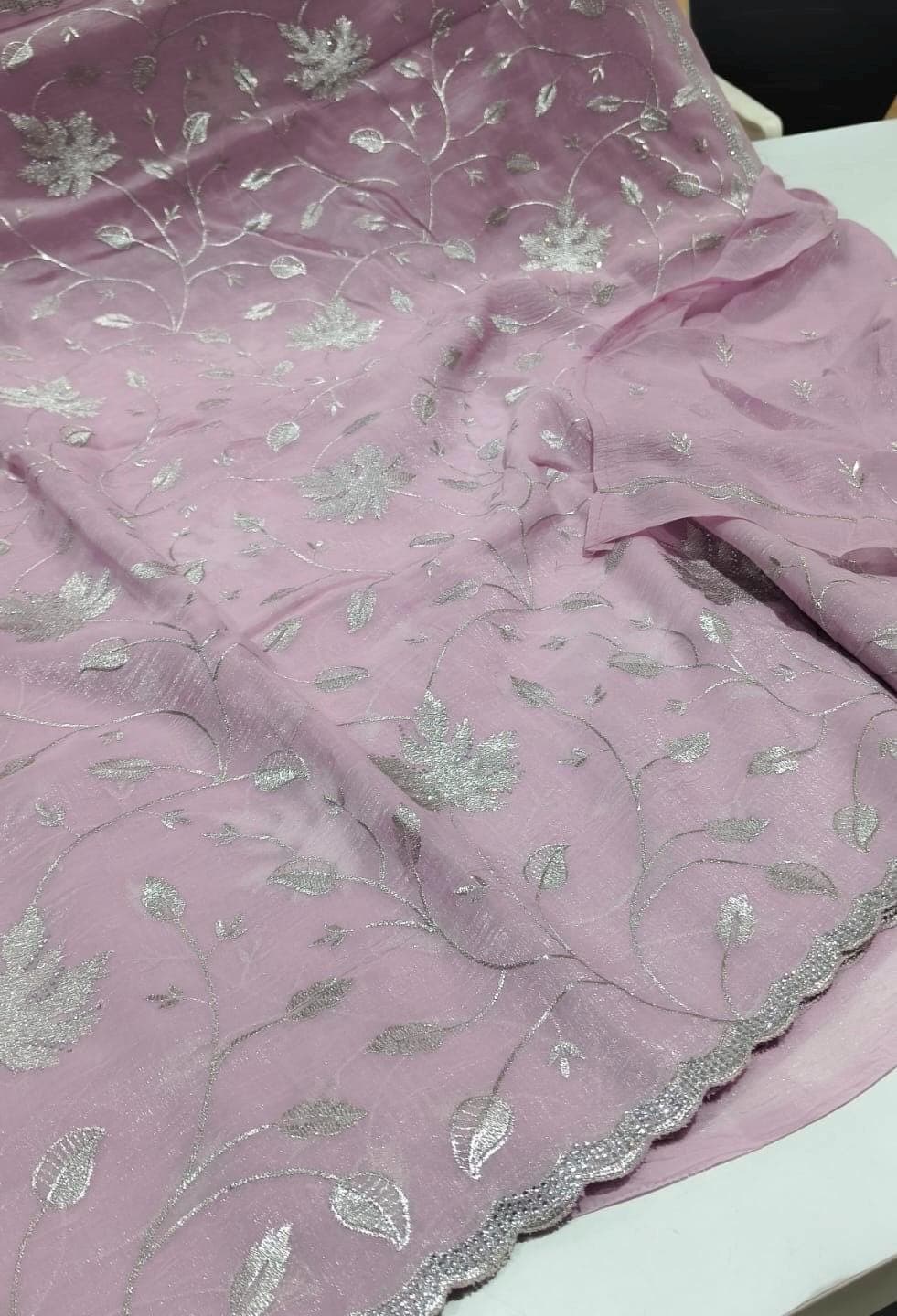 Pastel Pink Designer Saree with Silver Embroidery Work | Party Wear Saree