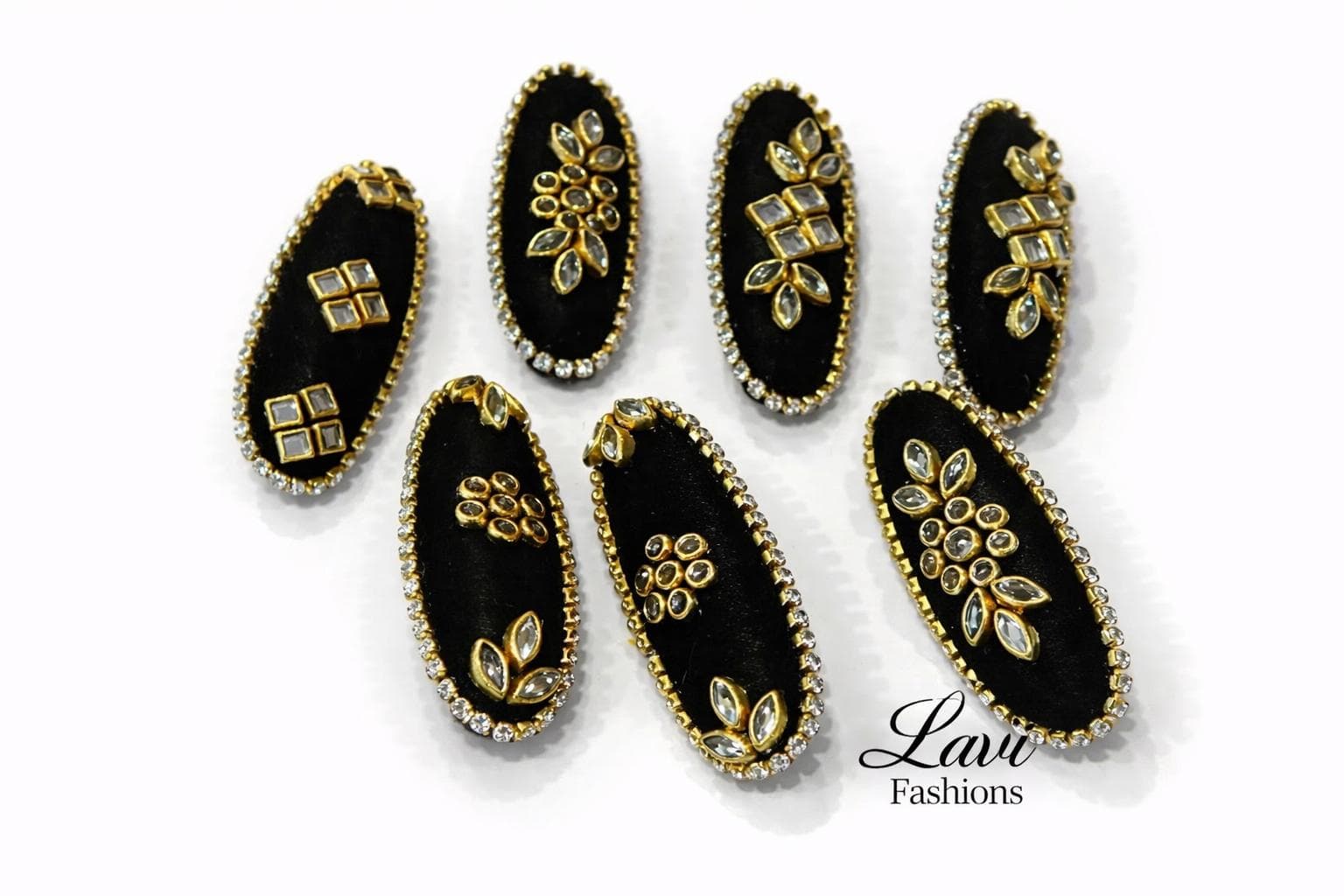 Black Silk Thread Saree Pins with Kundan Embellishments (Pack of 7)