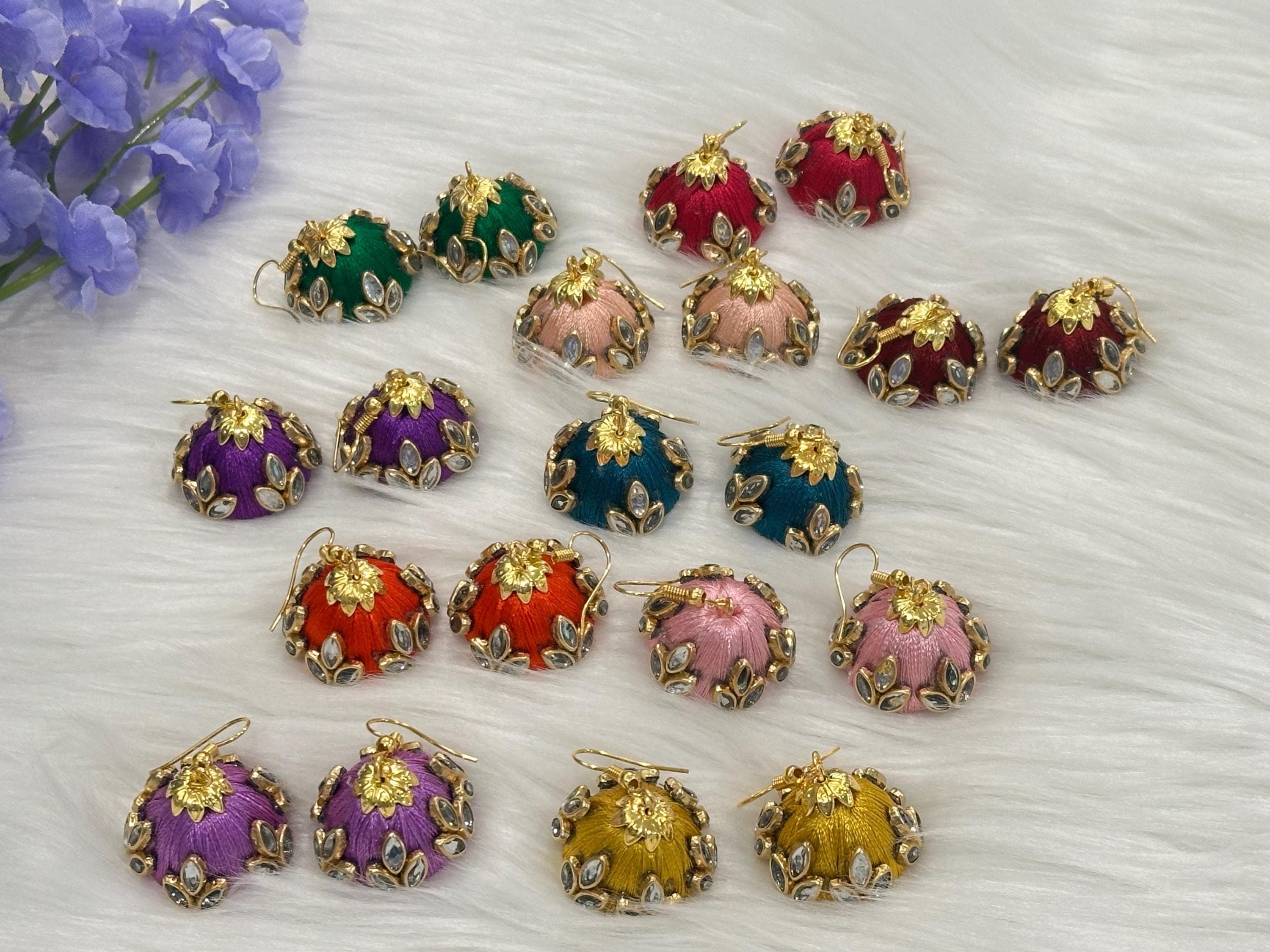 Indian Silk Thread Earrings for Women Pack Of 1 Pair/ Indian Return Gifts for Mehandi , Baby shower, Marriage, Diwali, Pooja