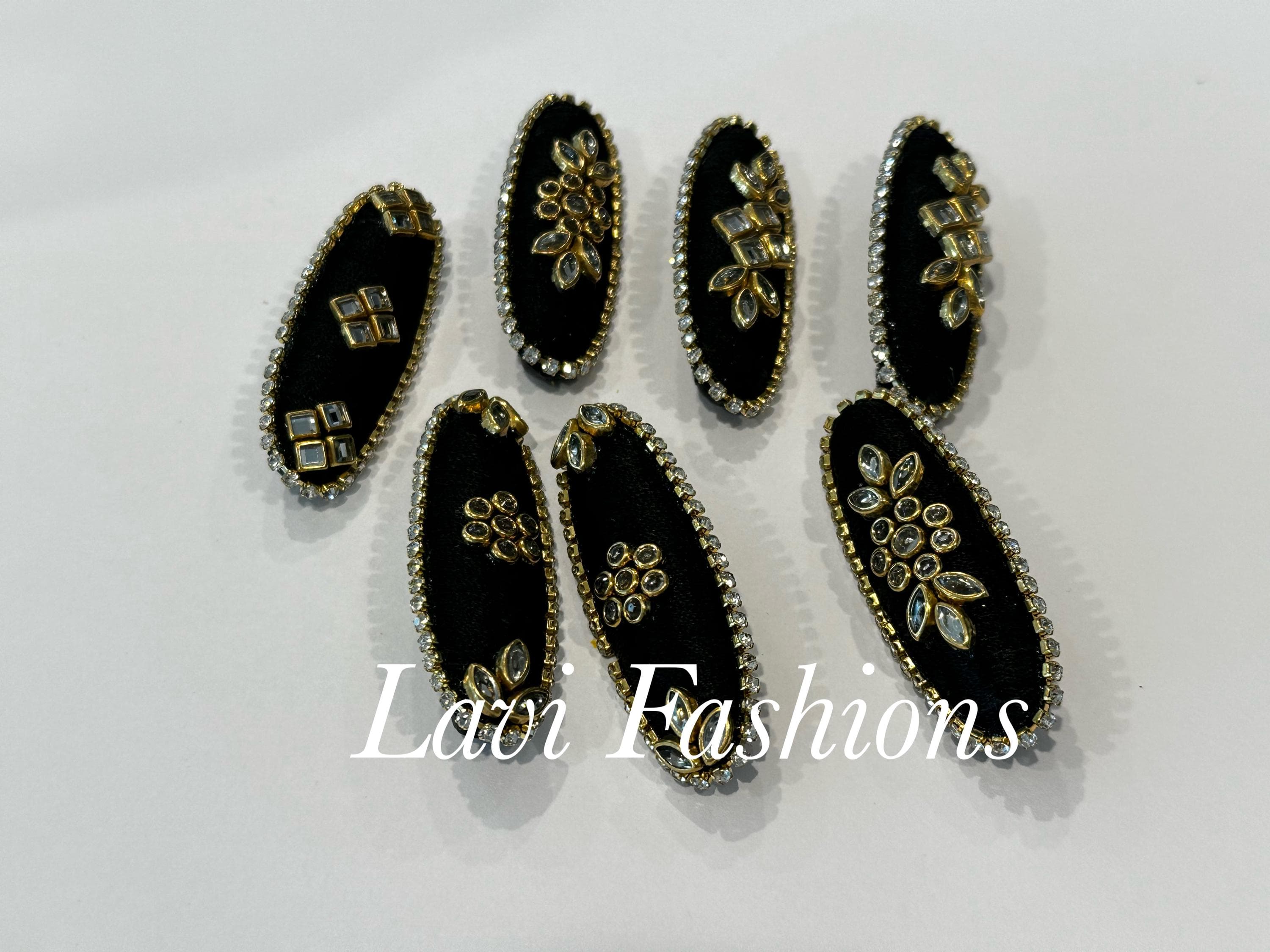 Black Silk Thread Saree Pins with Kundan Embellishments (Pack of 7)