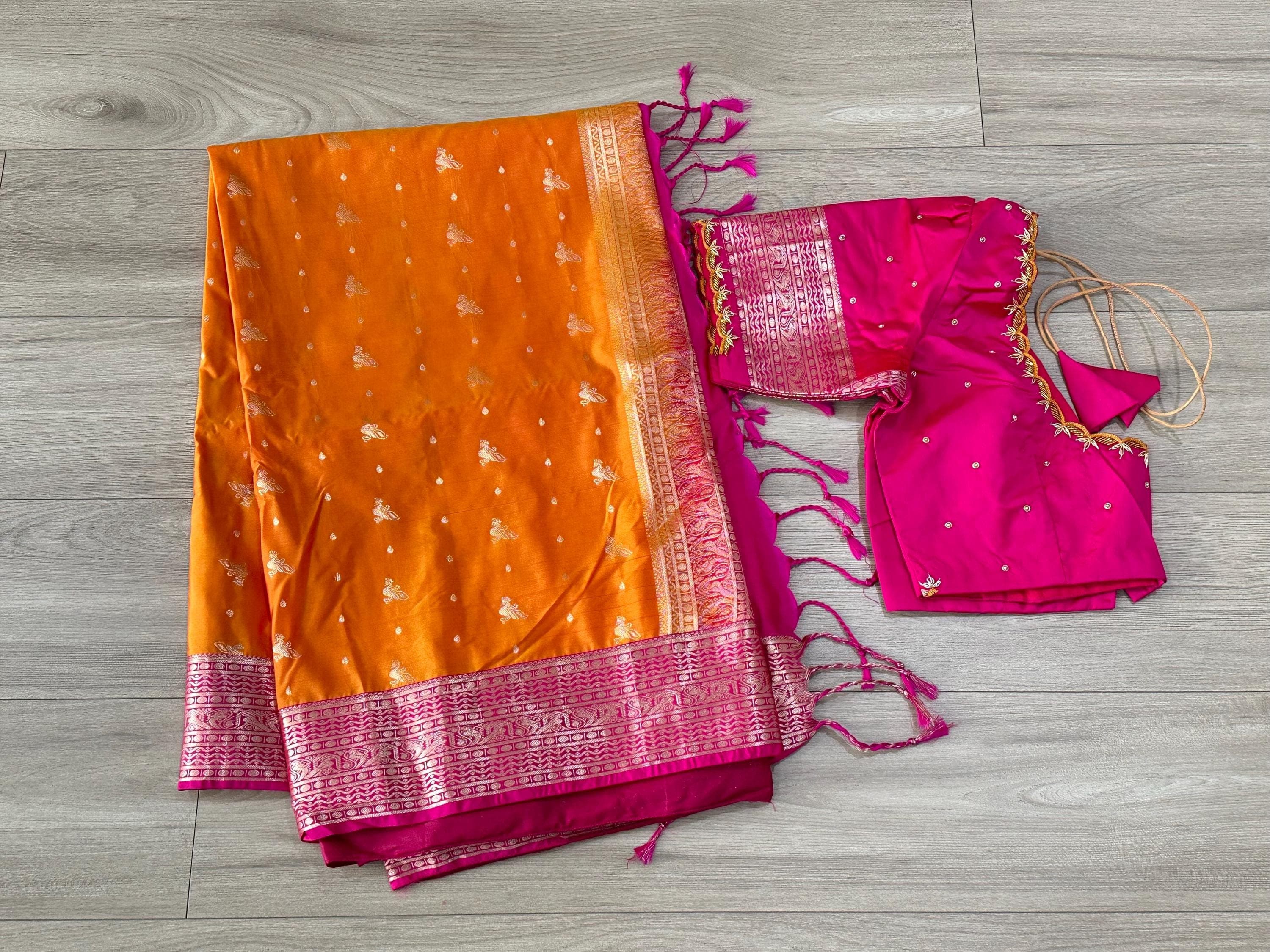 Soft Silk Semi Pattu Saree with Maggam Work Stitched Blouse | Ready to Wear Saree Set | Indian Wedding, Party, Festive Wear