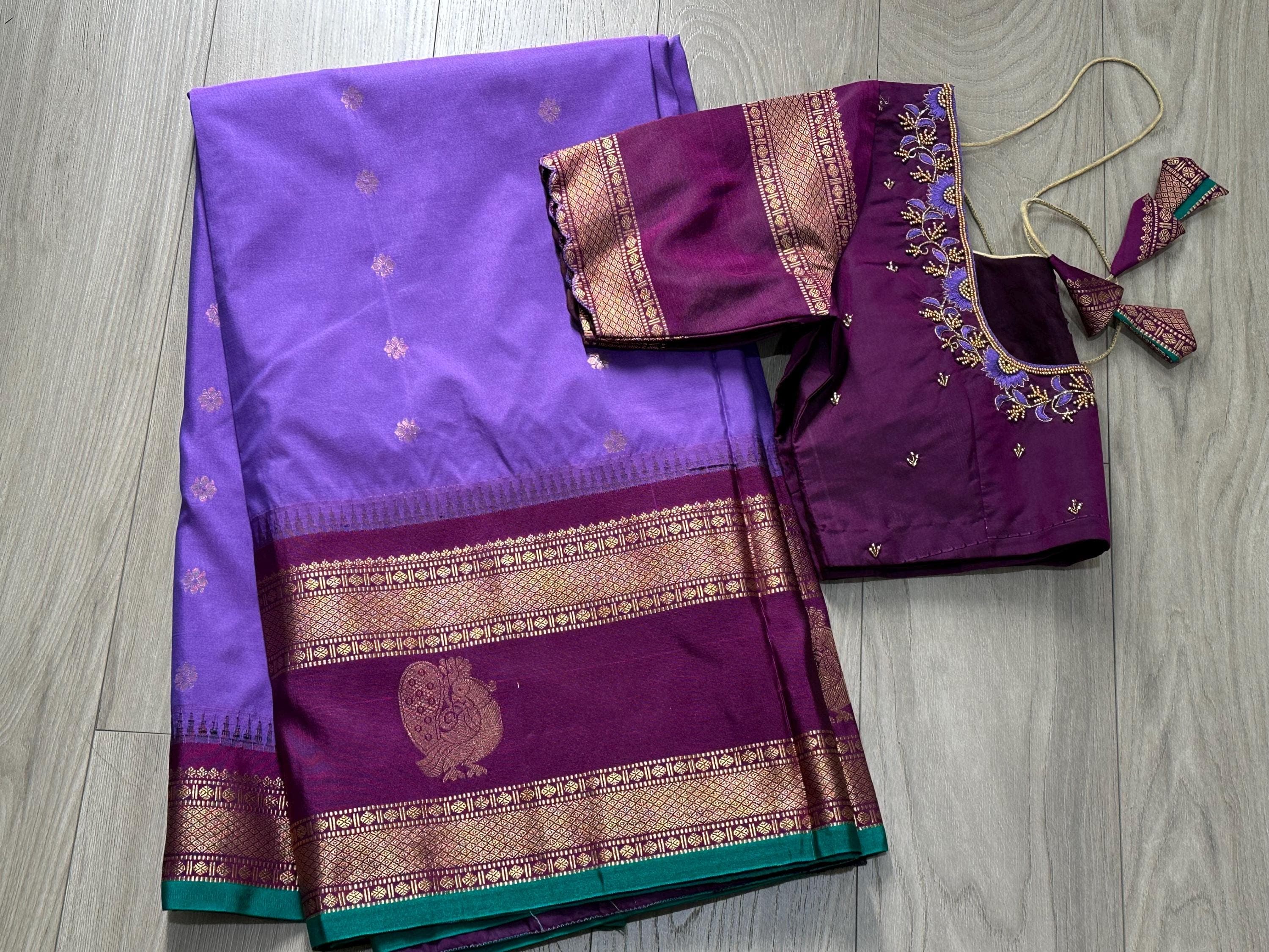Gadwal Semi Pattu Silk Saree with Maggam Work Blouse | Indian Wedding Saree