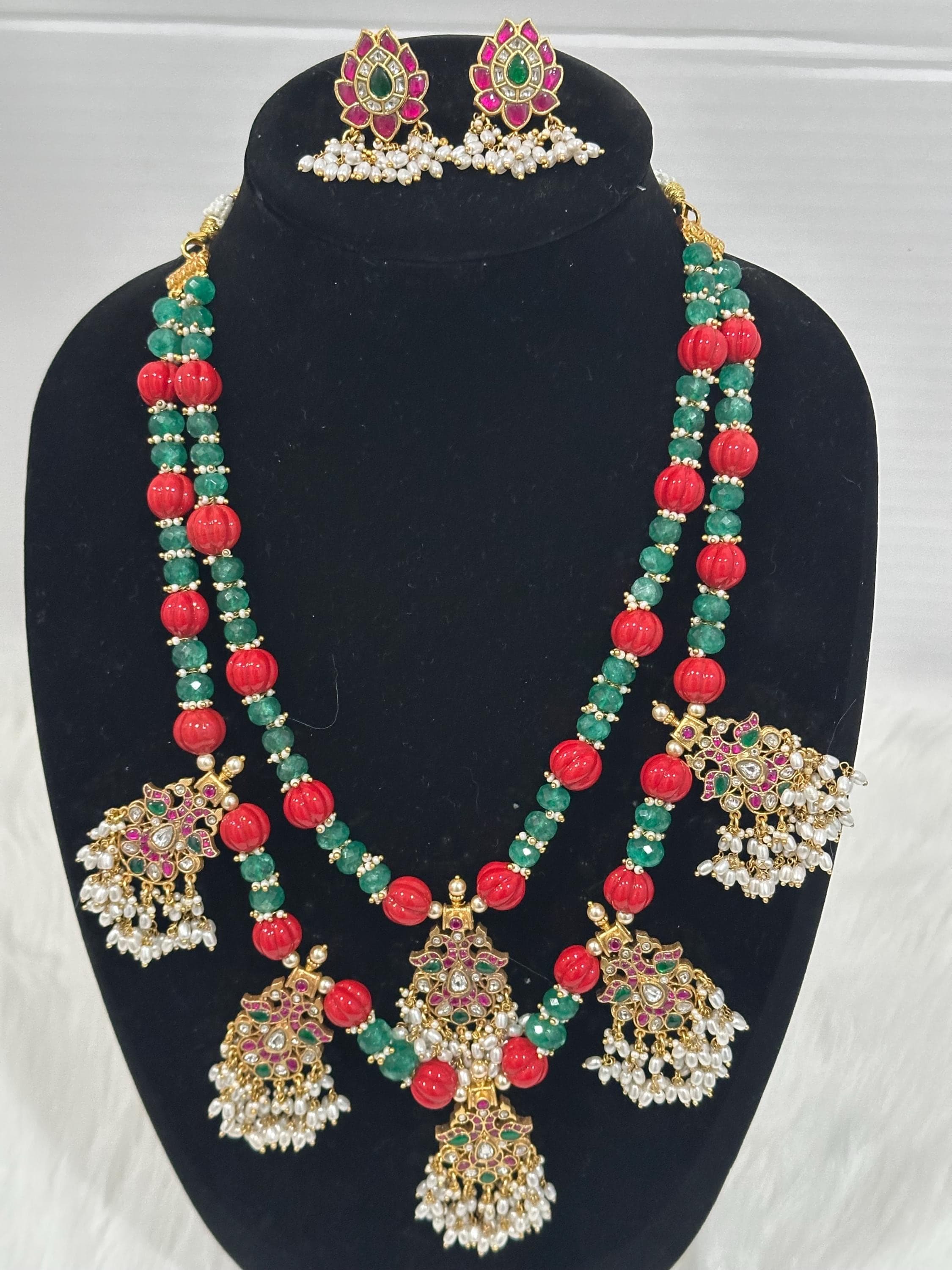 Indian Jewelry Set, Red Green Beaded Necklace, Gold Plated Earrings, Bollywood Jewelry