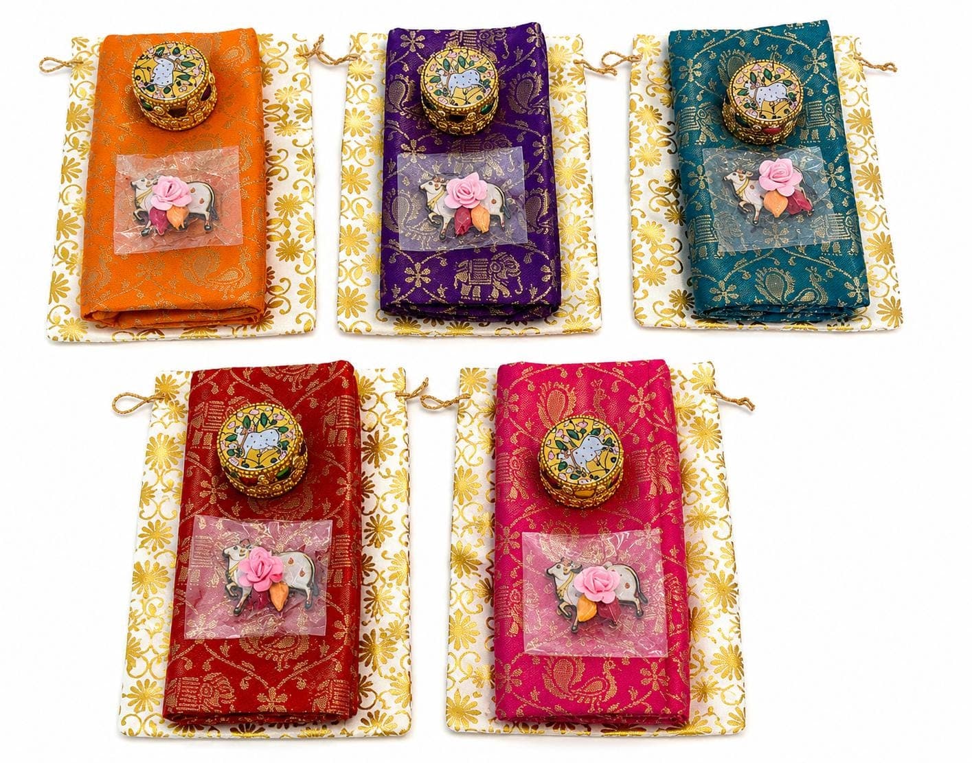 Pichwai Cow Haldi Kumkum Gift Set USA | Banaras Blouse + Potli Bag | South Indian Wedding Return Gift Bulk | Thamboolam Favor