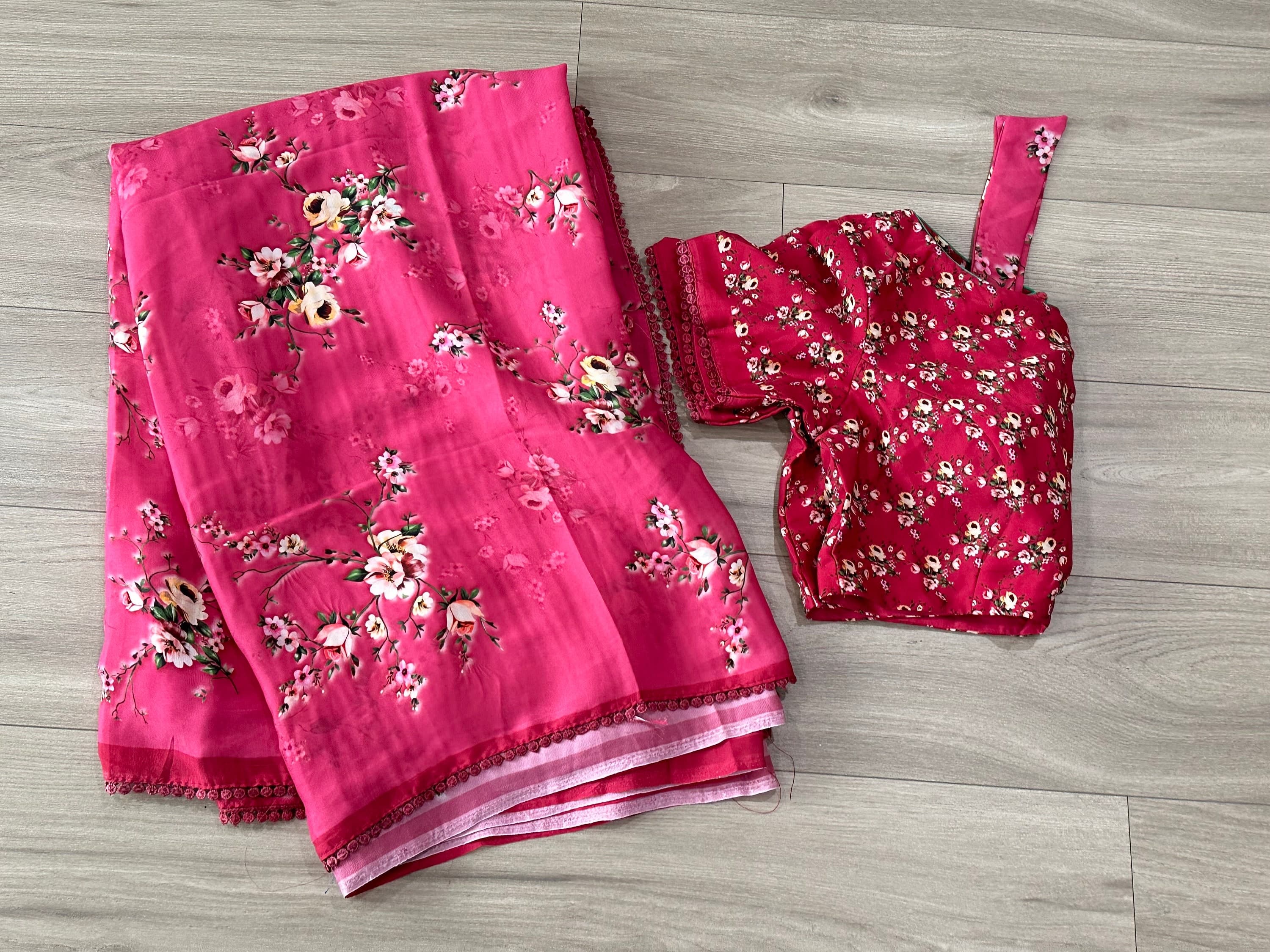 Pure Crepe Floral Printed Pink Saree With Stitched blouse