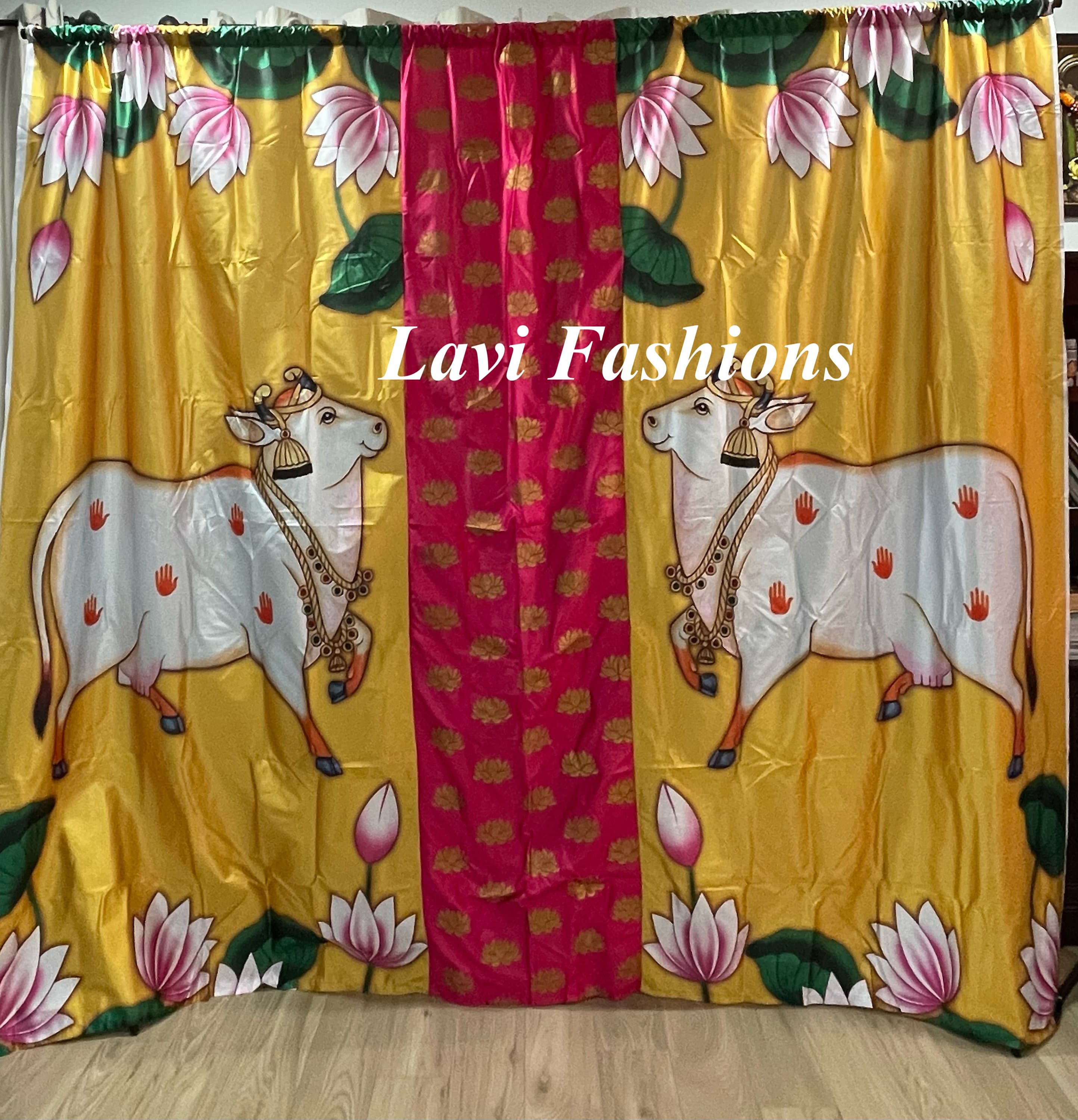 Ethnic Cow Lotus Design Back Drop Cloth – Crushed Satin Wedding Event Decor