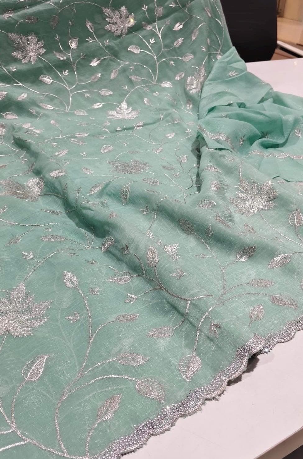 Mint Green Designer Saree with Silver Zari Floral Embroidery | Party Wear Saree