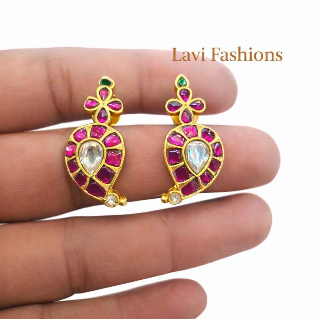 Pink Green Jadau Kundan Earrings | Indian Traditional Jewelry | Bridal Festive Earrings | Lavi Fashions