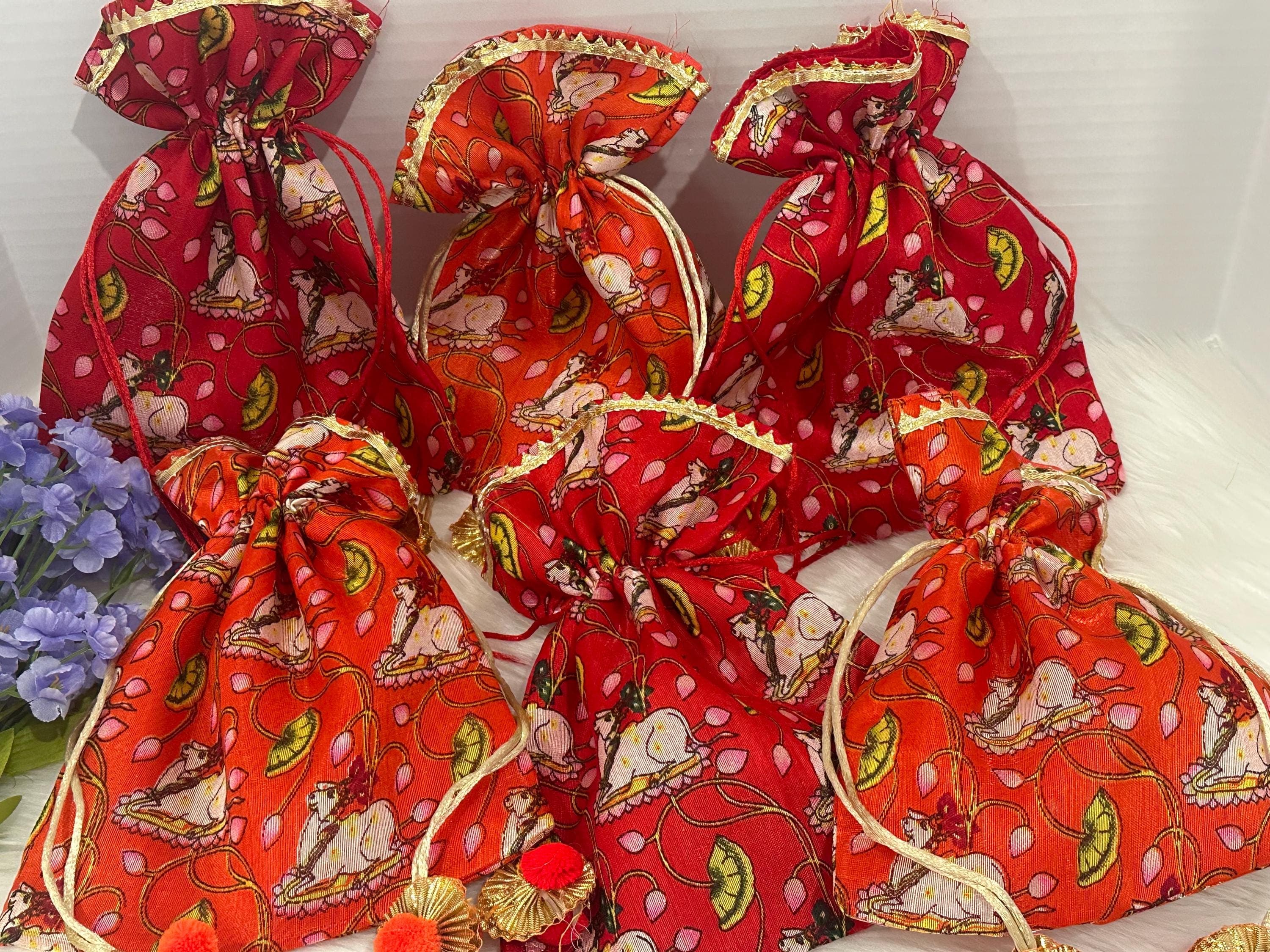 Pichwai Design Potli Bags | Pack of 5 Festive Wedding Thamboolam Bags