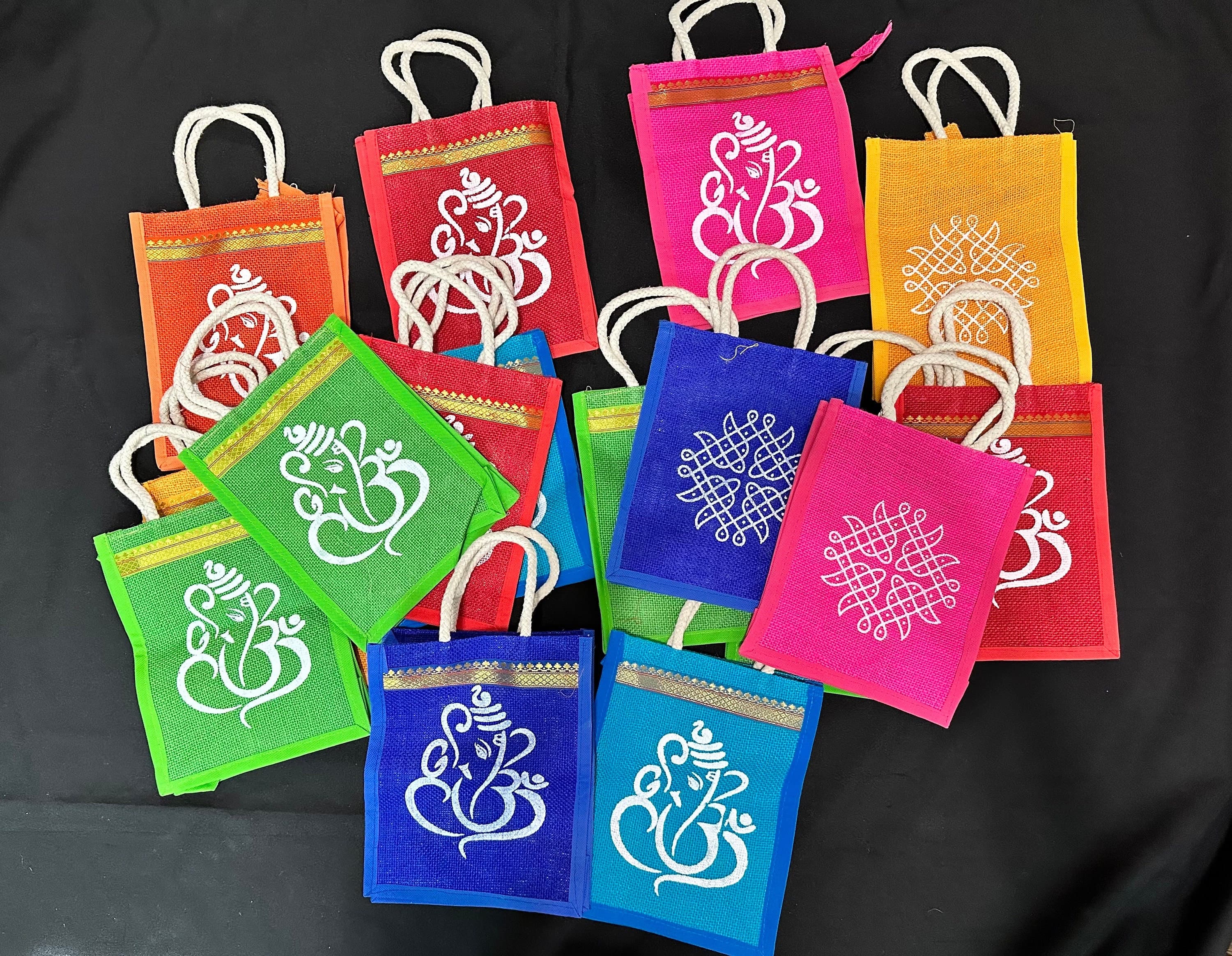 Ganesha Rangoli Jute Bags – Indian Return Gift, Wedding Favor (Pack of 5)