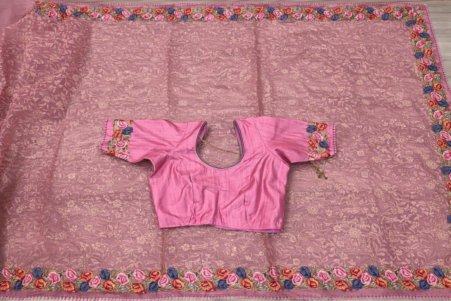 Organza Chikankari Parsi Embroidery Work Saree With Stitched Blouse