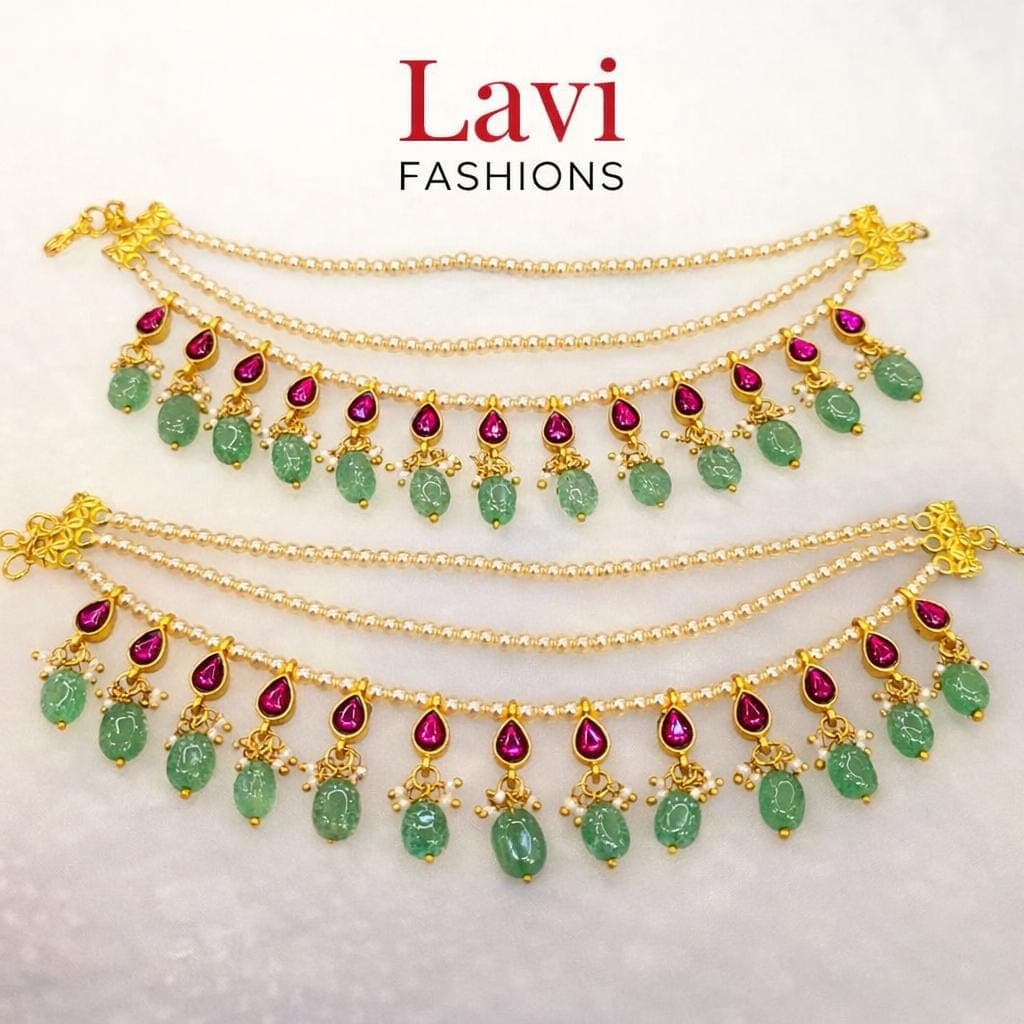 Jadau Kundan Ear Chain | Swarovski Pearl, Ruby, Green Stone | South Indian Bridal Jewelry