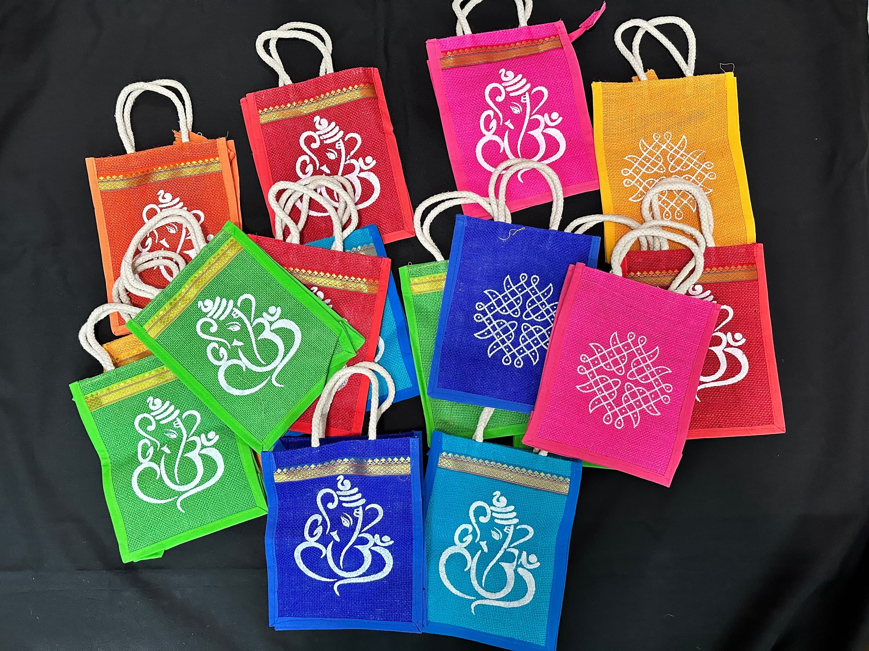 Ganesha Rangoli Jute Bags – Indian Return Gift, Wedding Favor (Pack of 5)