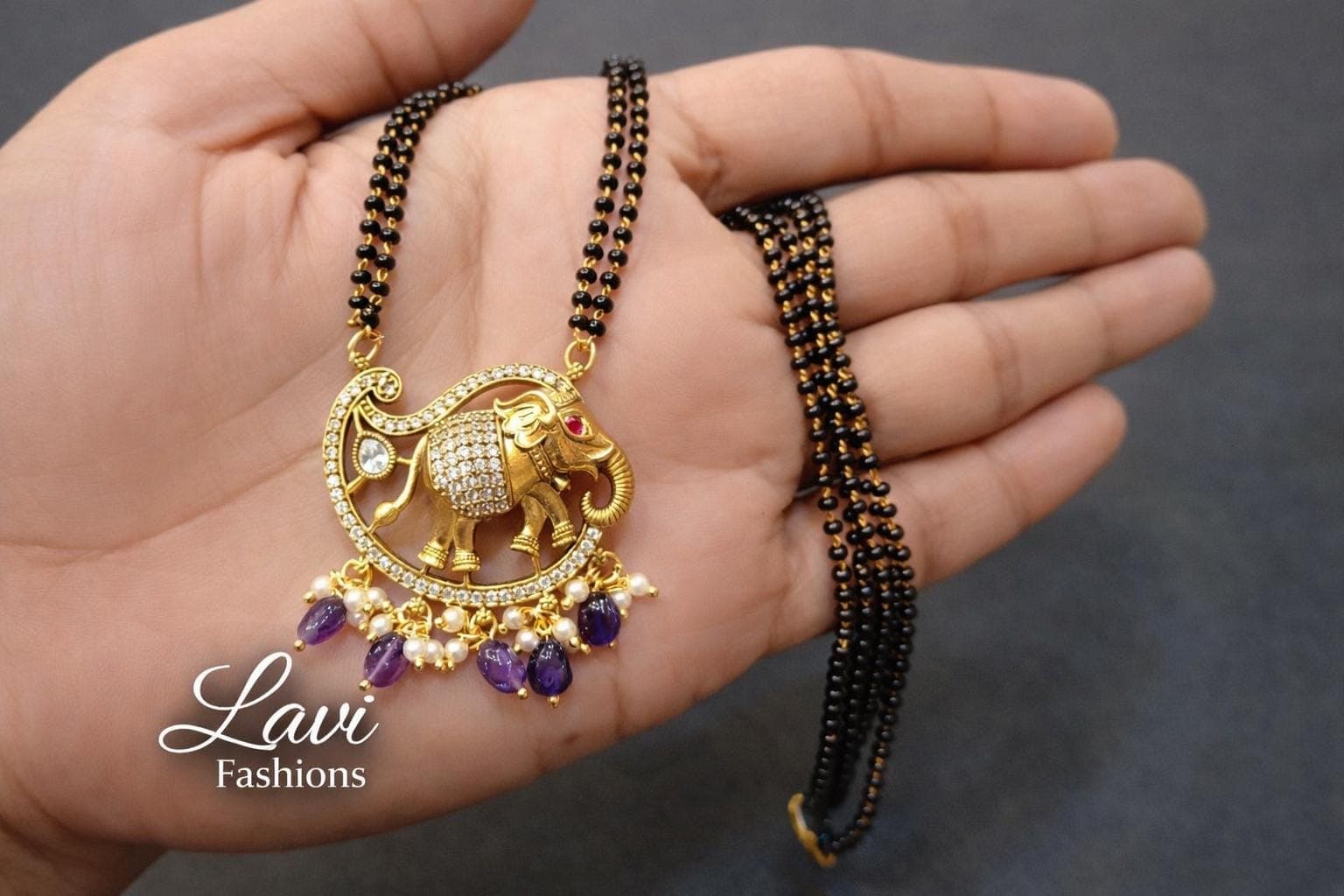 Elephant Black Beads Mangalsutra | Traditional Hindu Necklace with Purple Beads