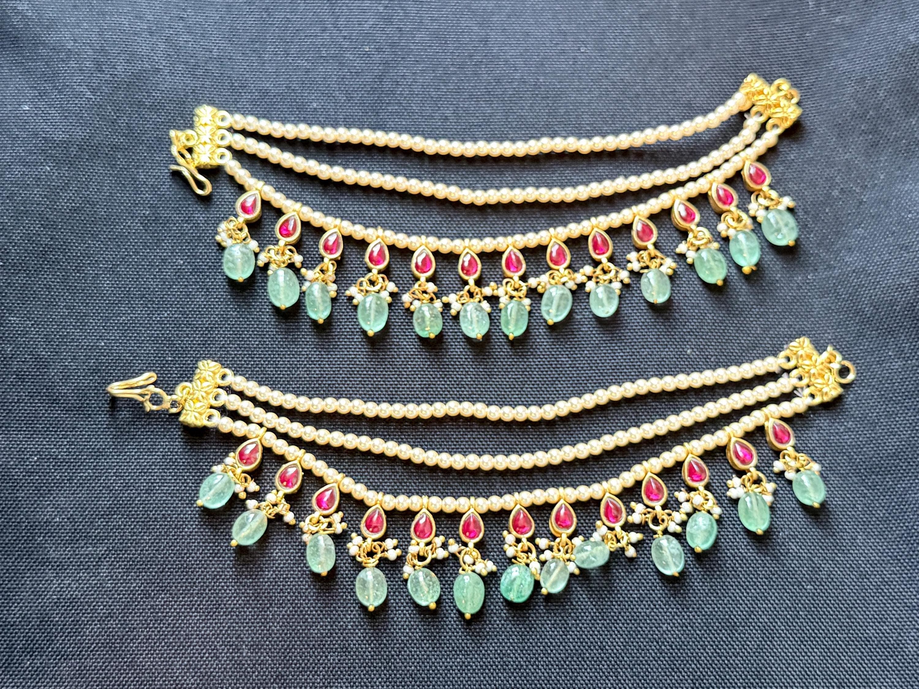 Jadau Kundan Ear Chain | Swarovski Pearl, Ruby, Green Stone | South Indian Bridal Jewelry — view 5