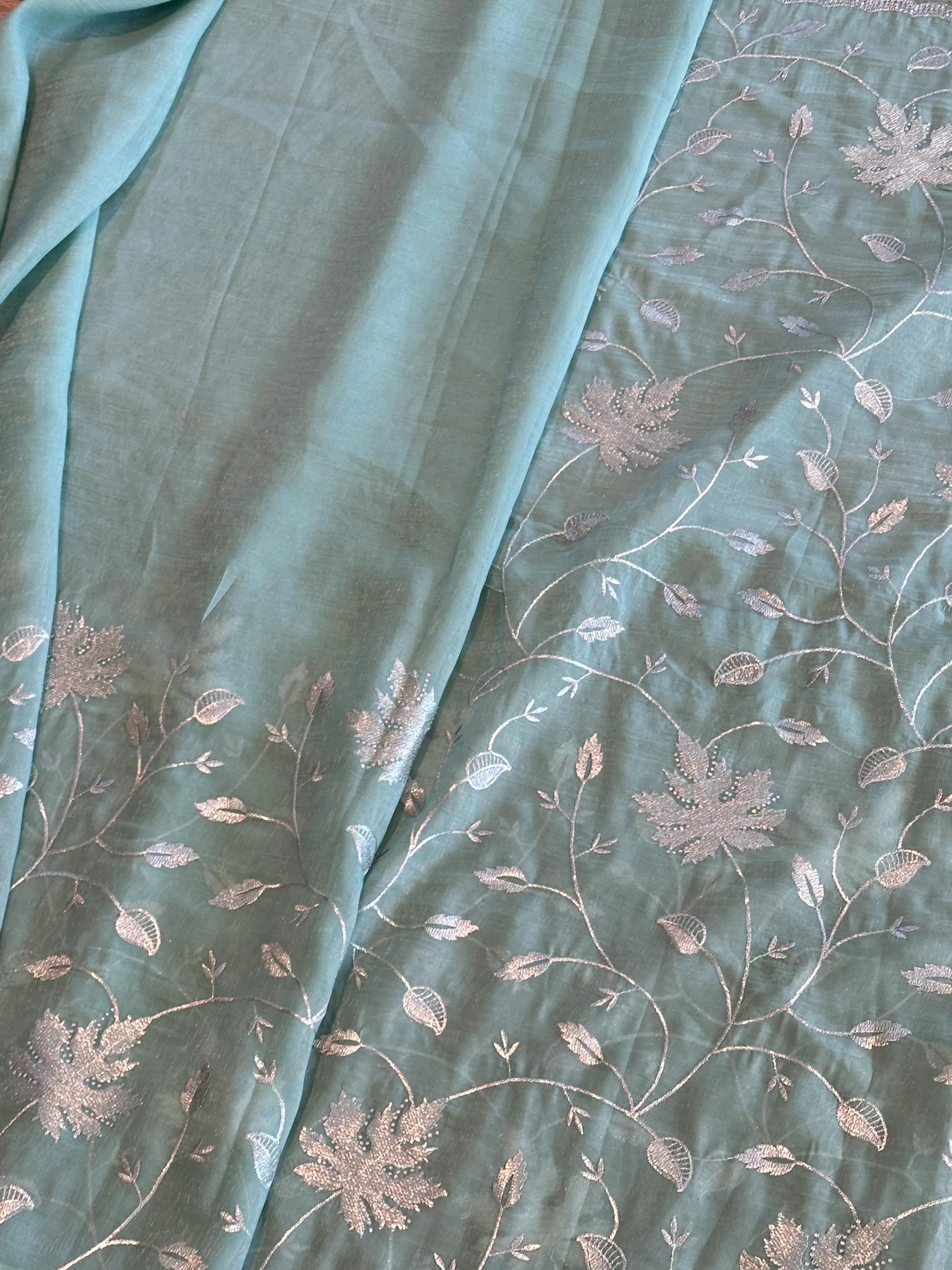 Mint Green Designer Saree with Silver Zari Floral Embroidery | Party Wear Saree — view 6