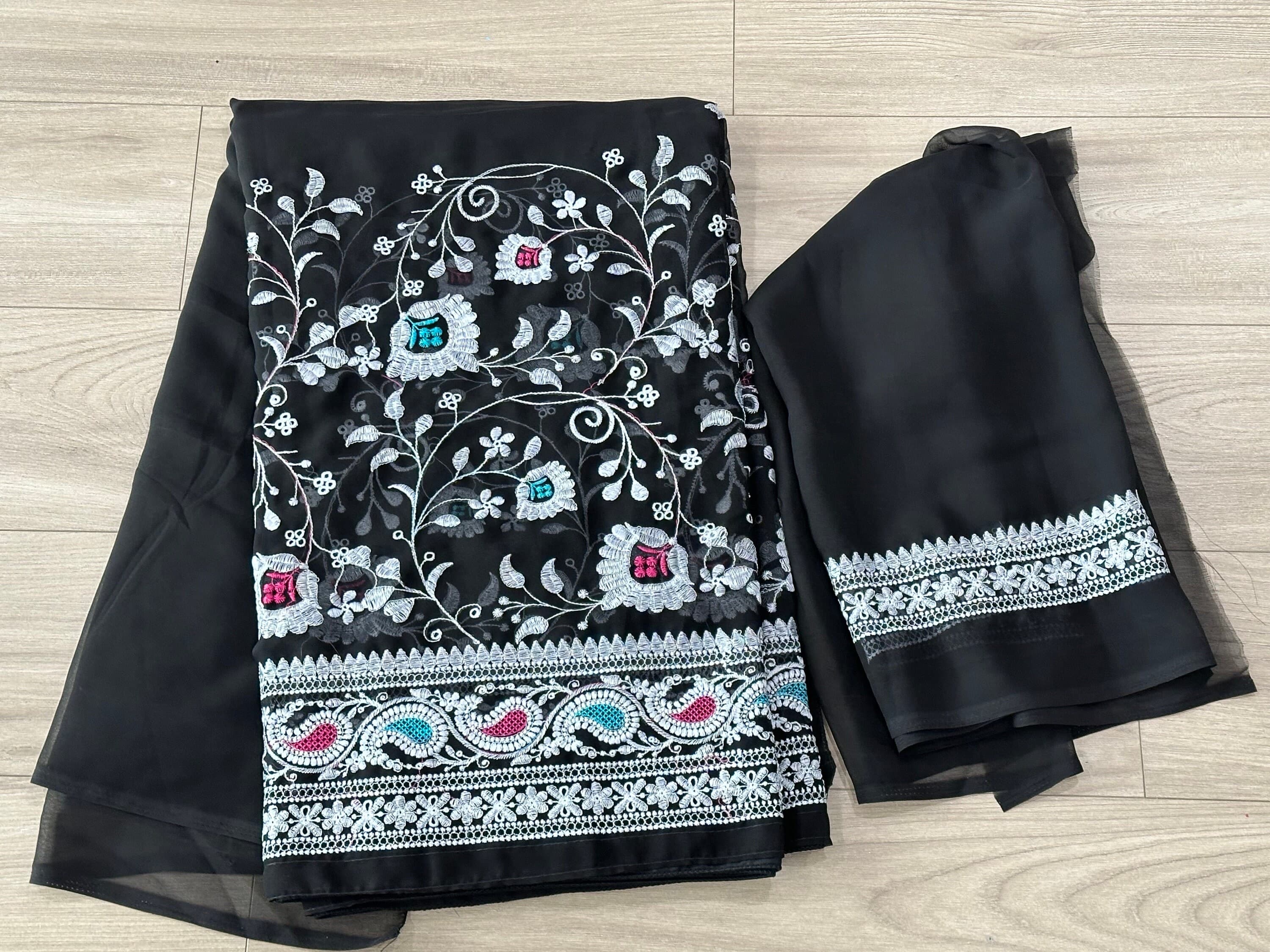 Georgette Saree With Lucknowi Work With Blouse Piece — view 3