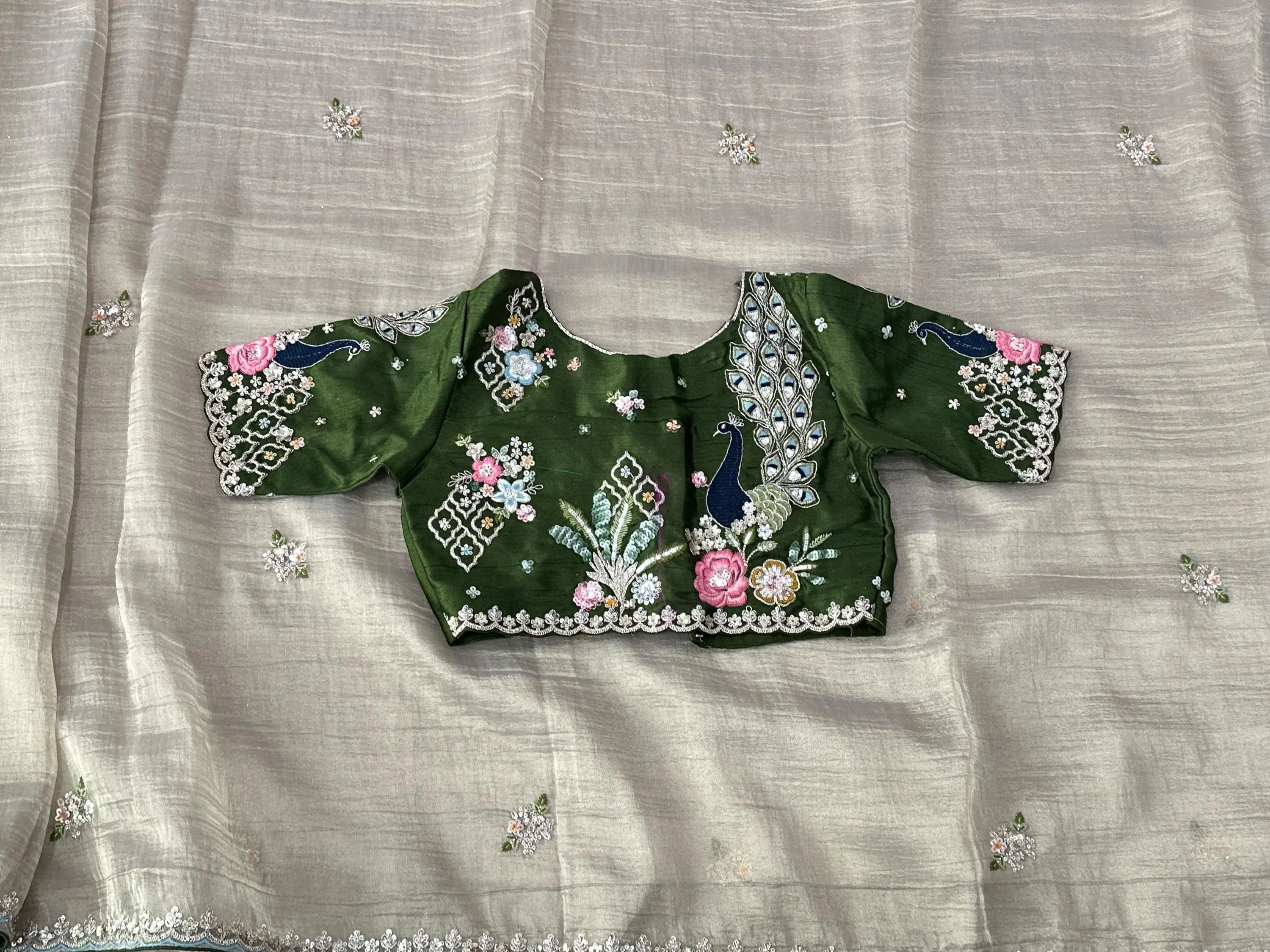 Tissue Saree with Coding Work Motifs and Scalloped Border | Party Wear Saree — view 3