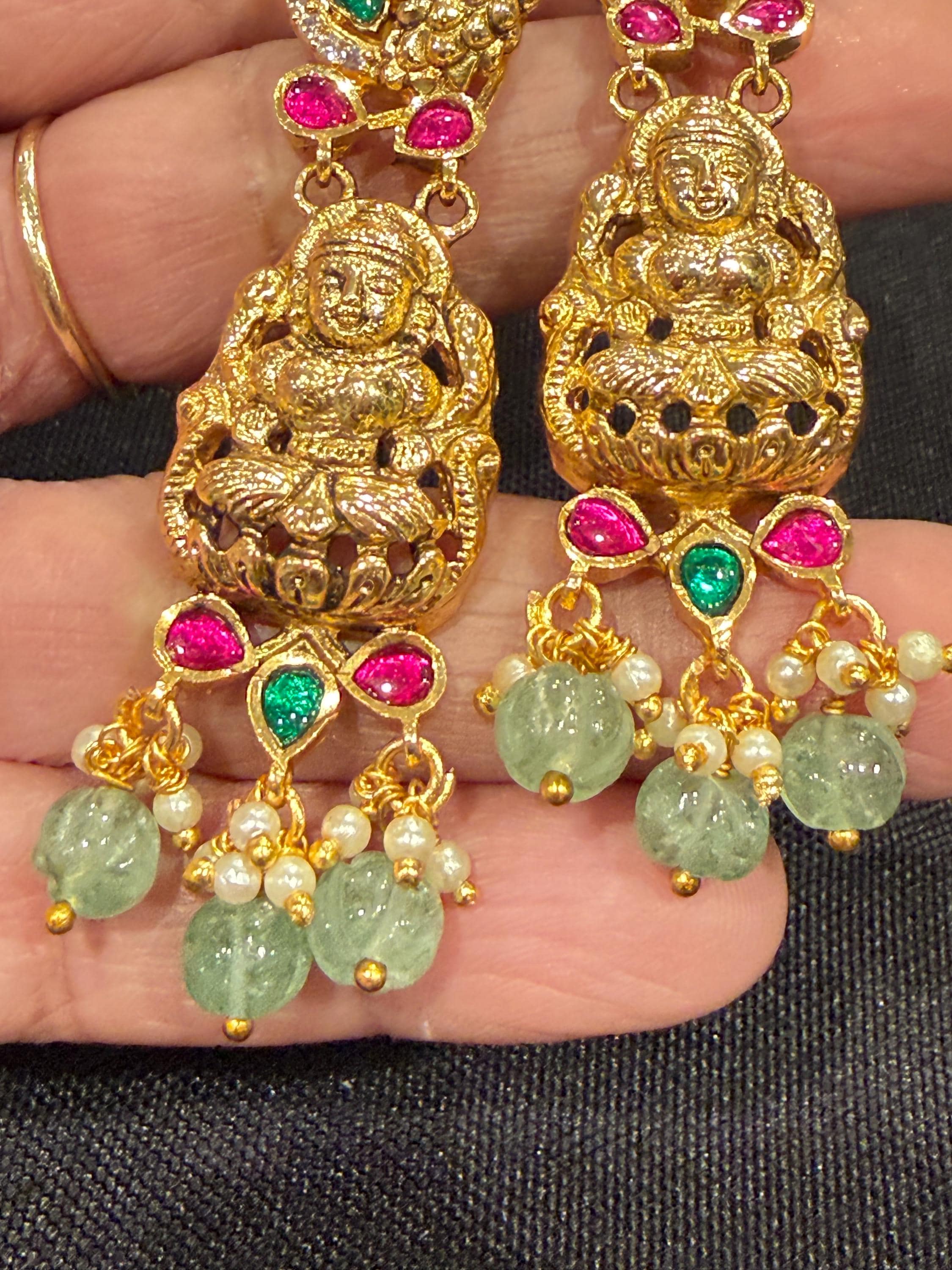 Lakshmi Jadau Kundan Earrings | Temple Jewelry with Pearl Drops — view 6