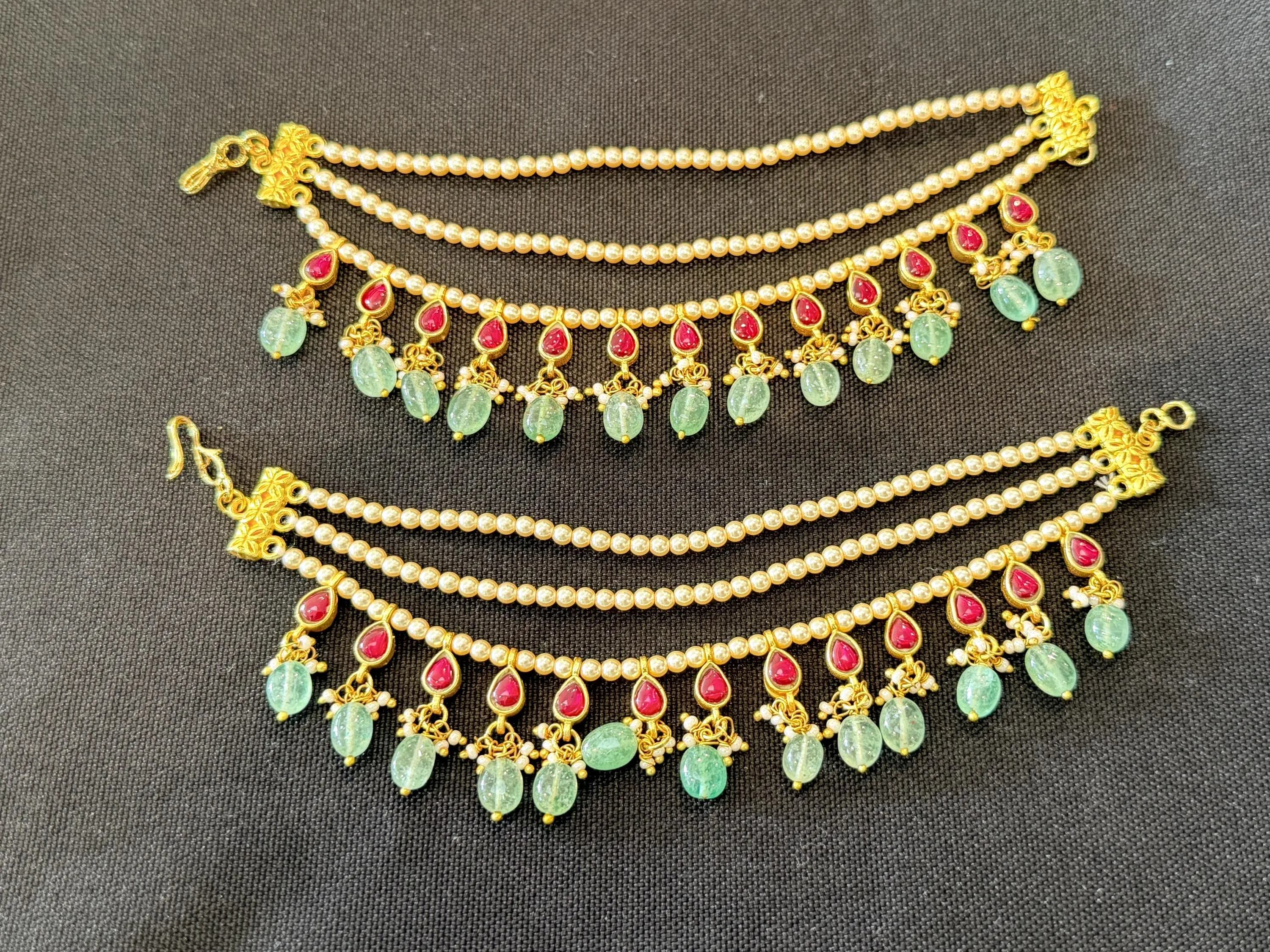 Jadau Kundan Ear Chain | Swarovski Pearl, Ruby, Green Stone | South Indian Bridal Jewelry — view 7