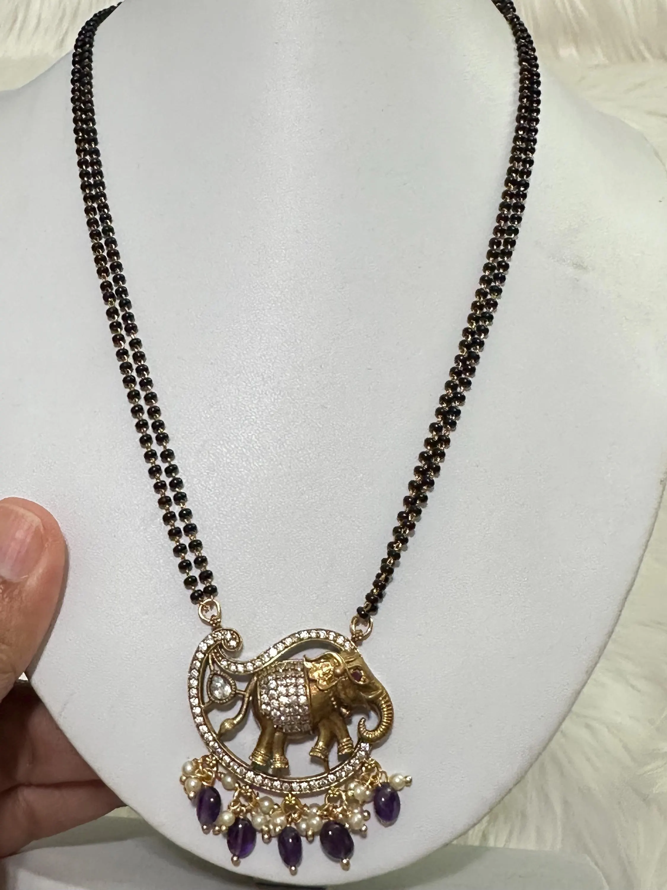 Elephant Black Beads Mangalsutra | Traditional Hindu Necklace with Purple Beads — view 3