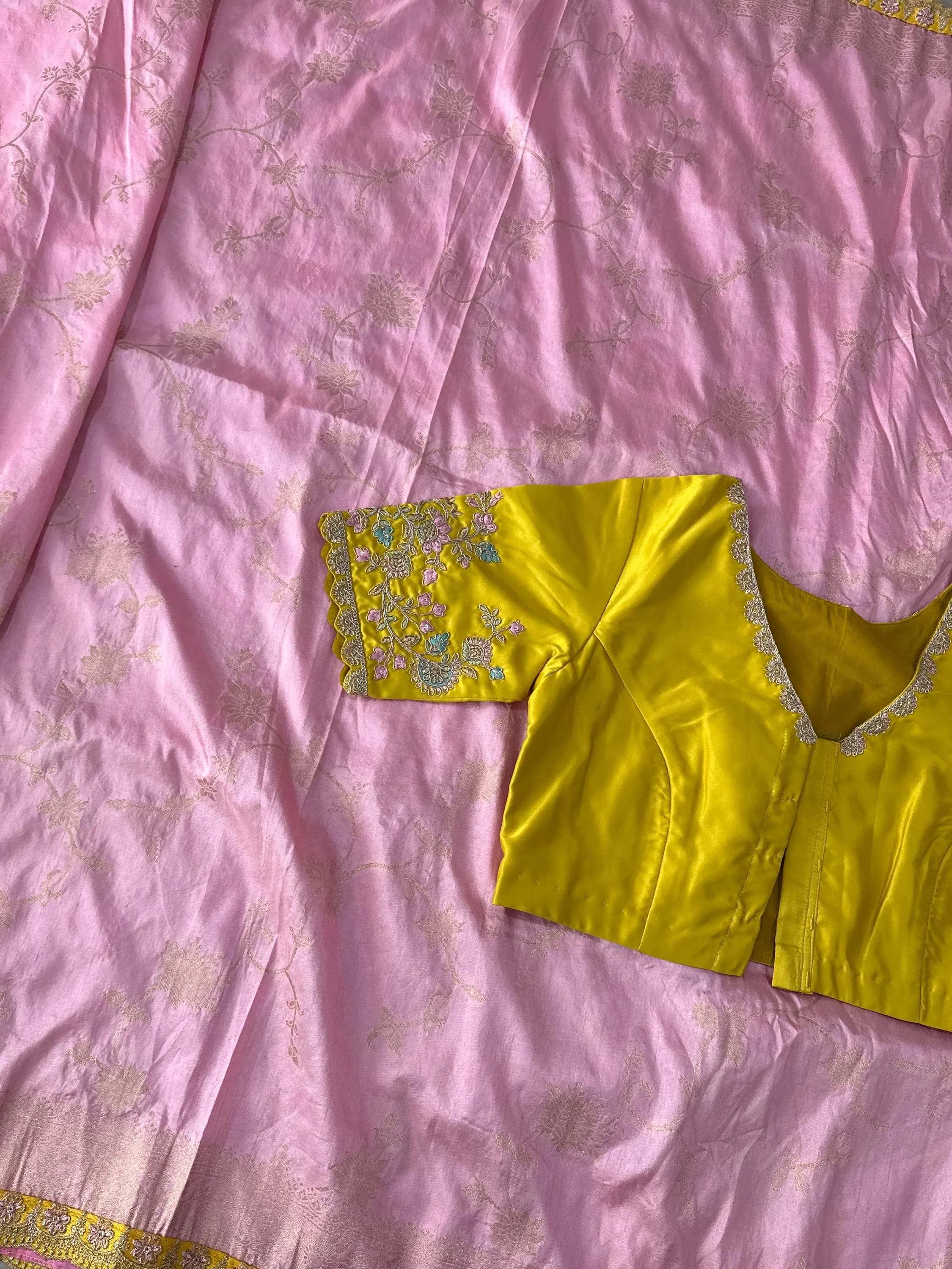 Banarasi Silk Saree with All Over Weaving | Scalloped Embroidery Border, Stitched Blouse — view 5