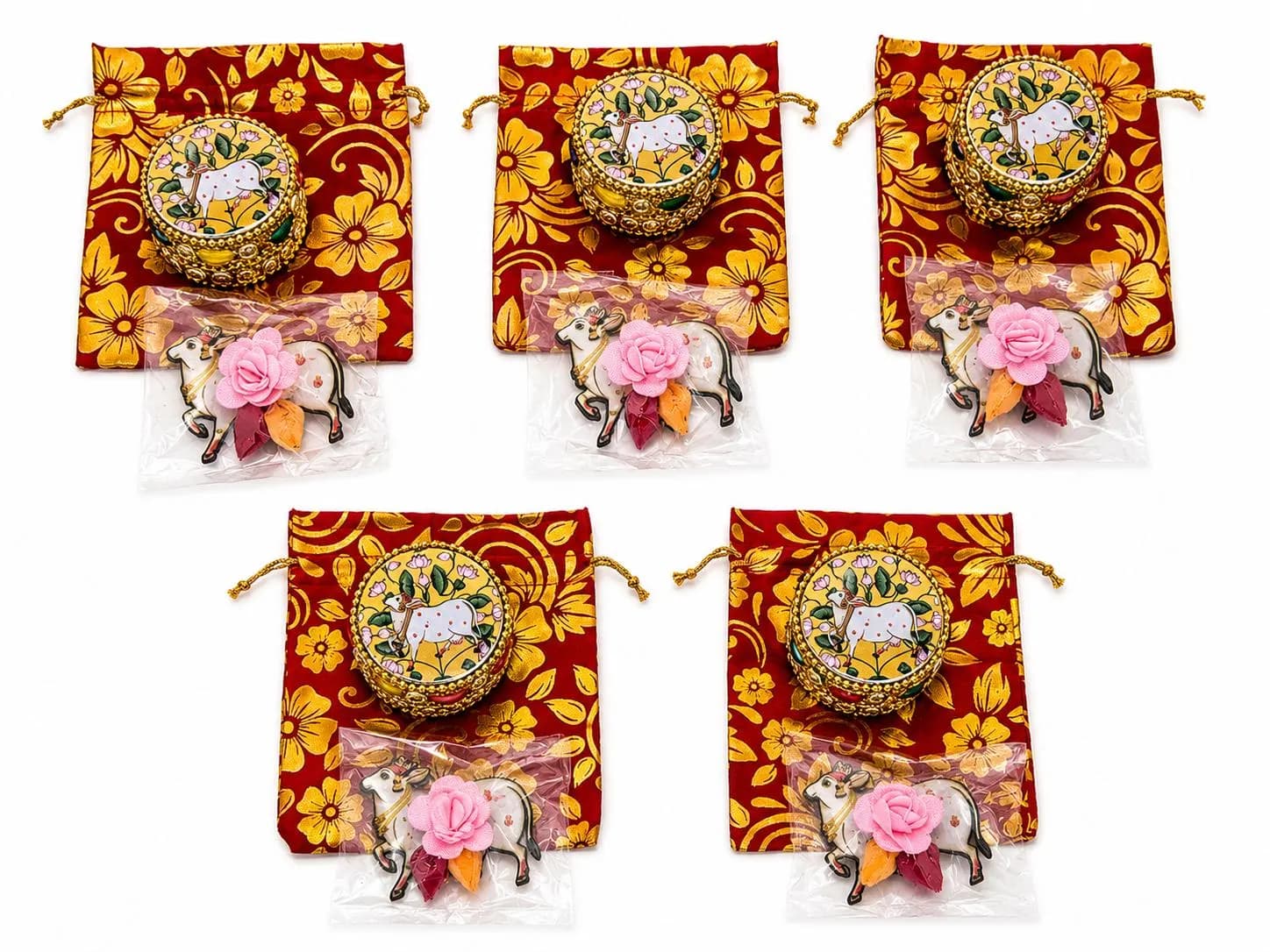 Pichwai Cow Return Gift Set USA | Haldi Kumkum + Potli Bag | Indian Wedding Thamboolam Favor Bulk β view 4