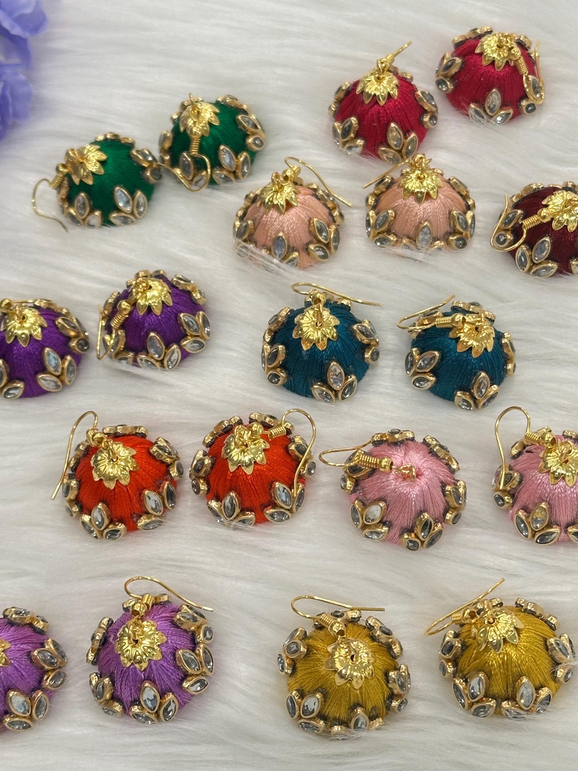 Indian Silk Thread Earrings for Women Pack Of 1 Pair/ Indian Return Gifts for Mehandi , Baby shower, Marriage, Diwali, Pooja — view 4