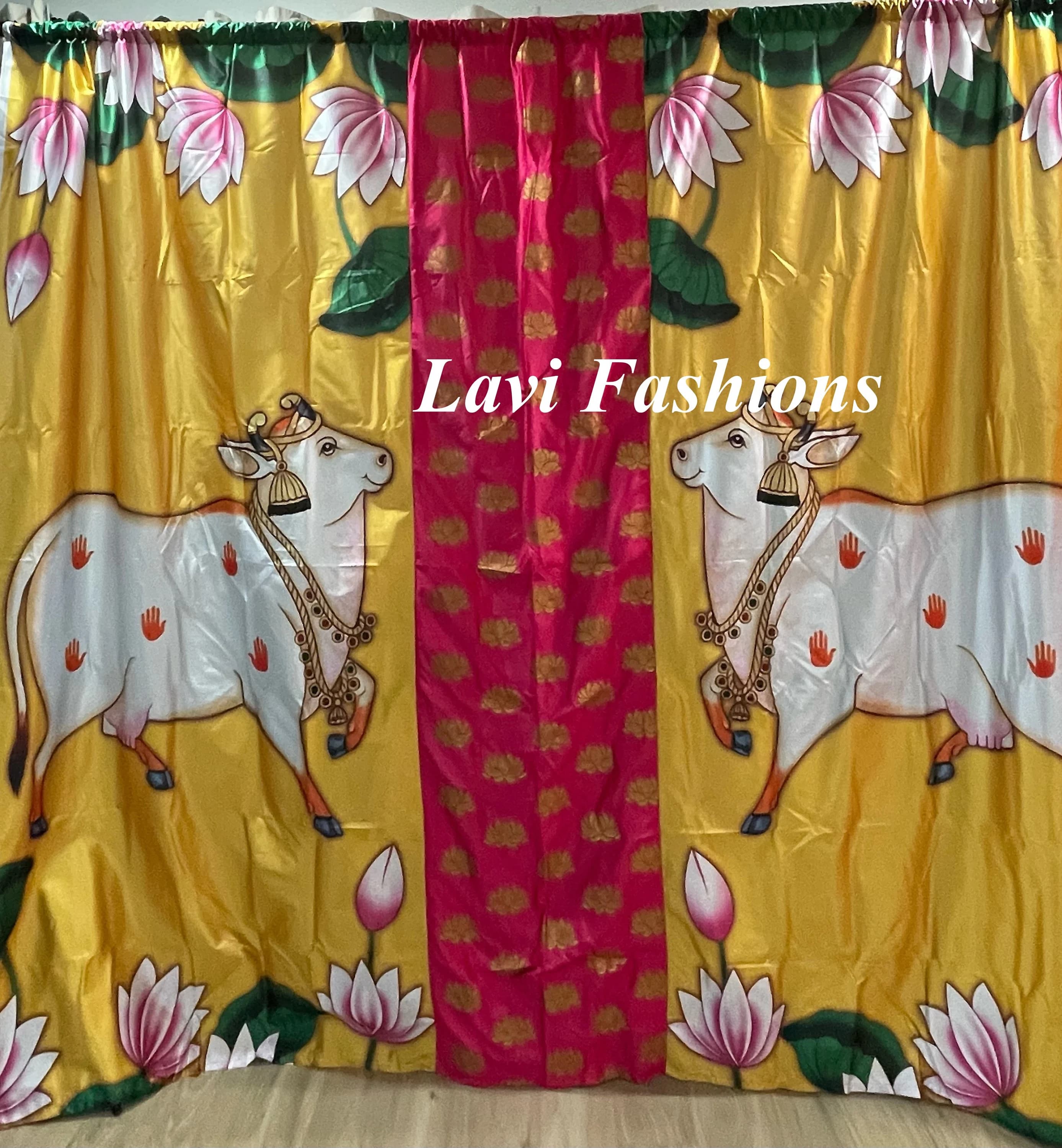 Ethnic Cow Lotus Design Back Drop Cloth – Crushed Satin Wedding Event Decor — view 4