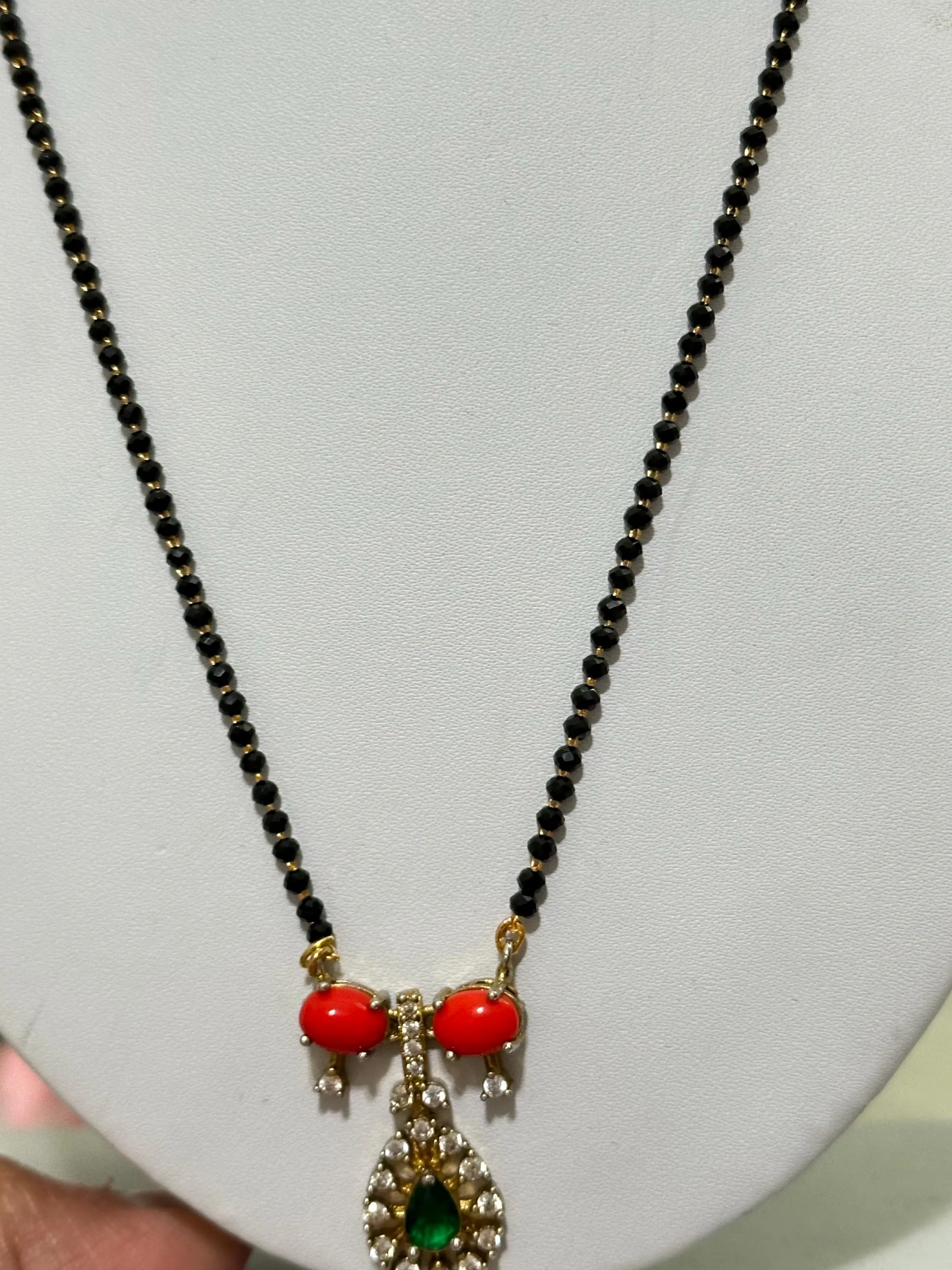 Black Bead Mangalsutra with Coral and Green Stones | Traditional Hindu Necklace — view 5