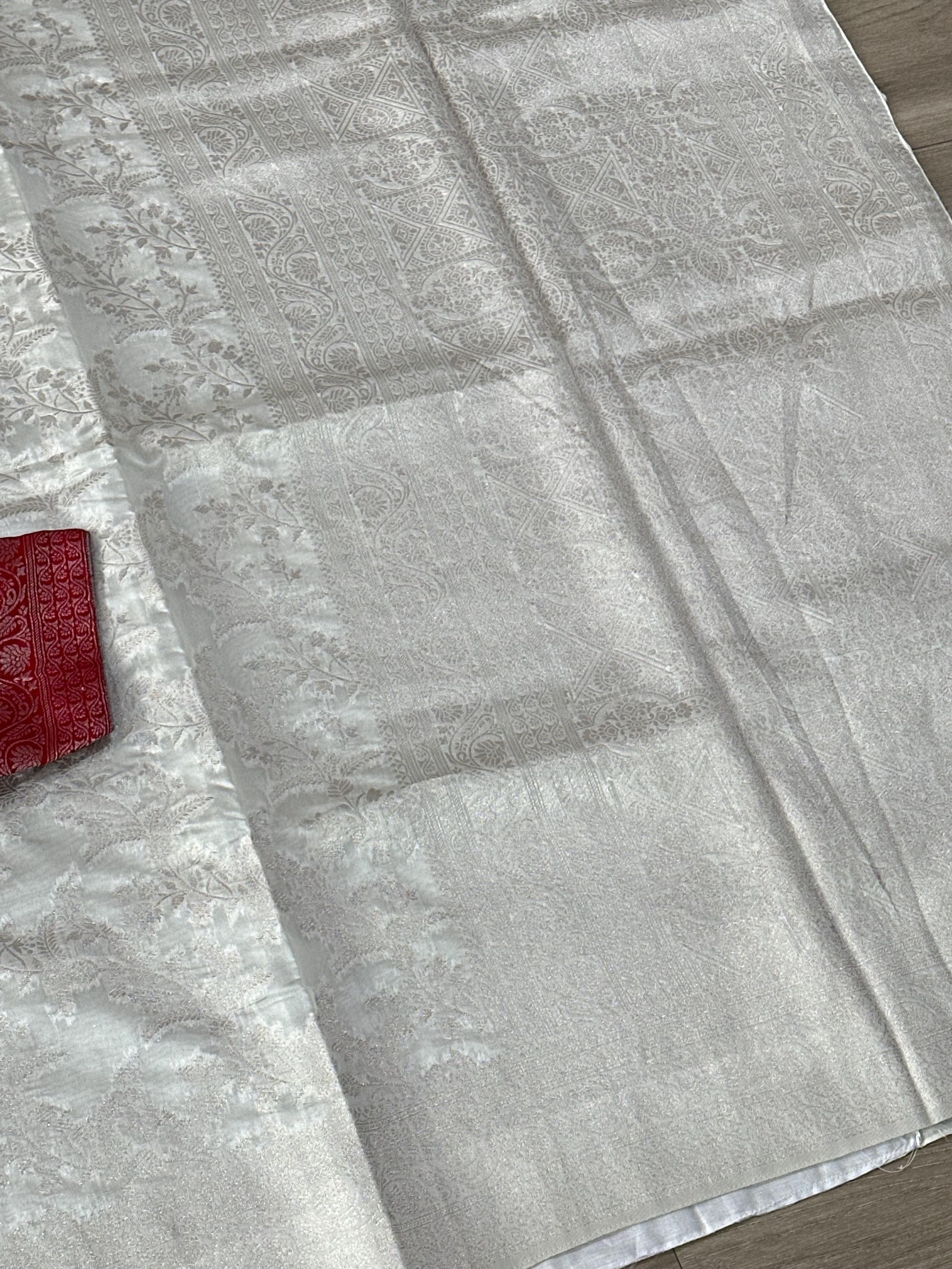 Floral Weaving Banarasi Saree | Off-White and Red, Soft Fabric — view 8