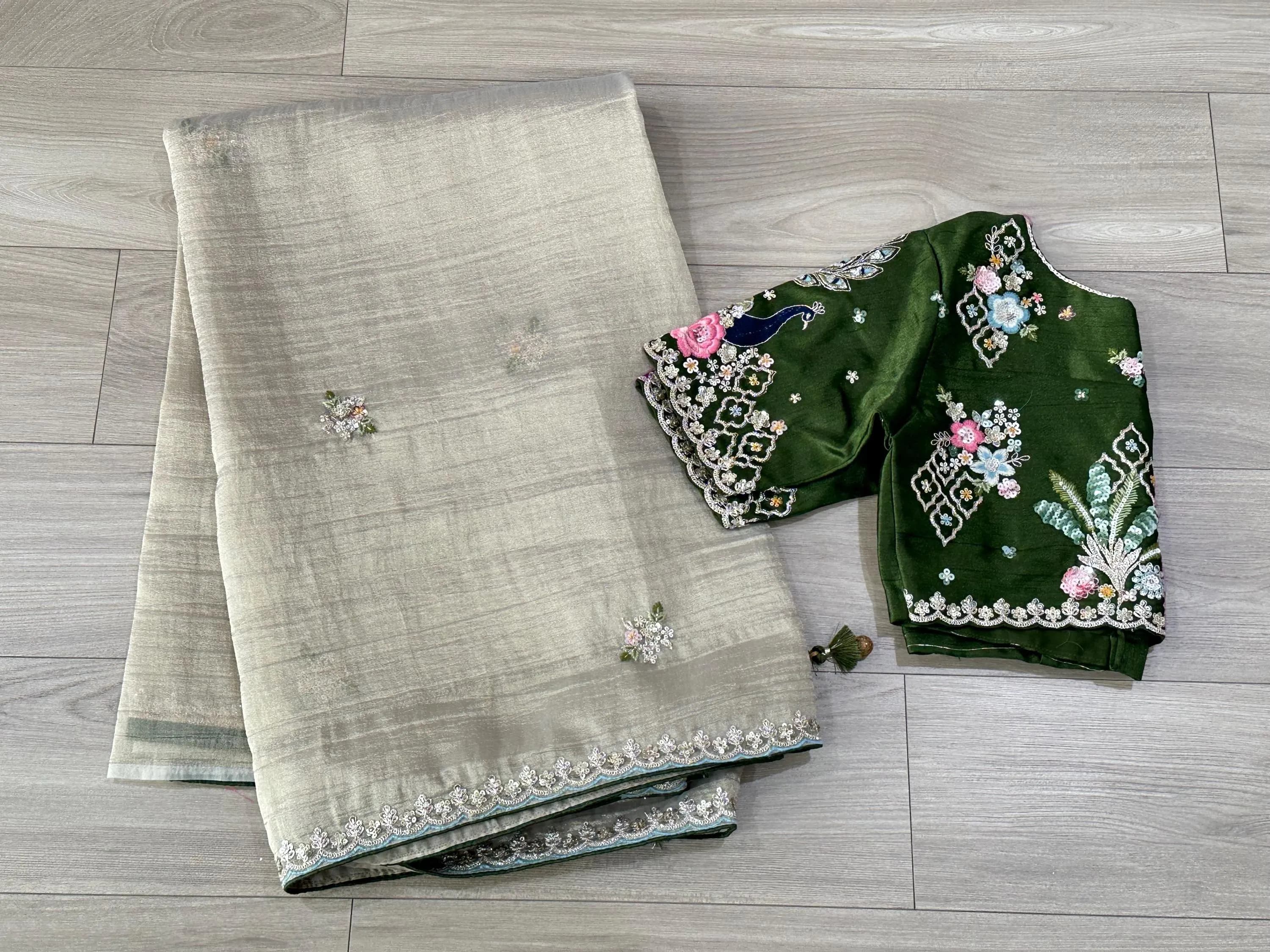 Tissue Saree with Coding Work Motifs and Scalloped Border | Party Wear Saree — view 1