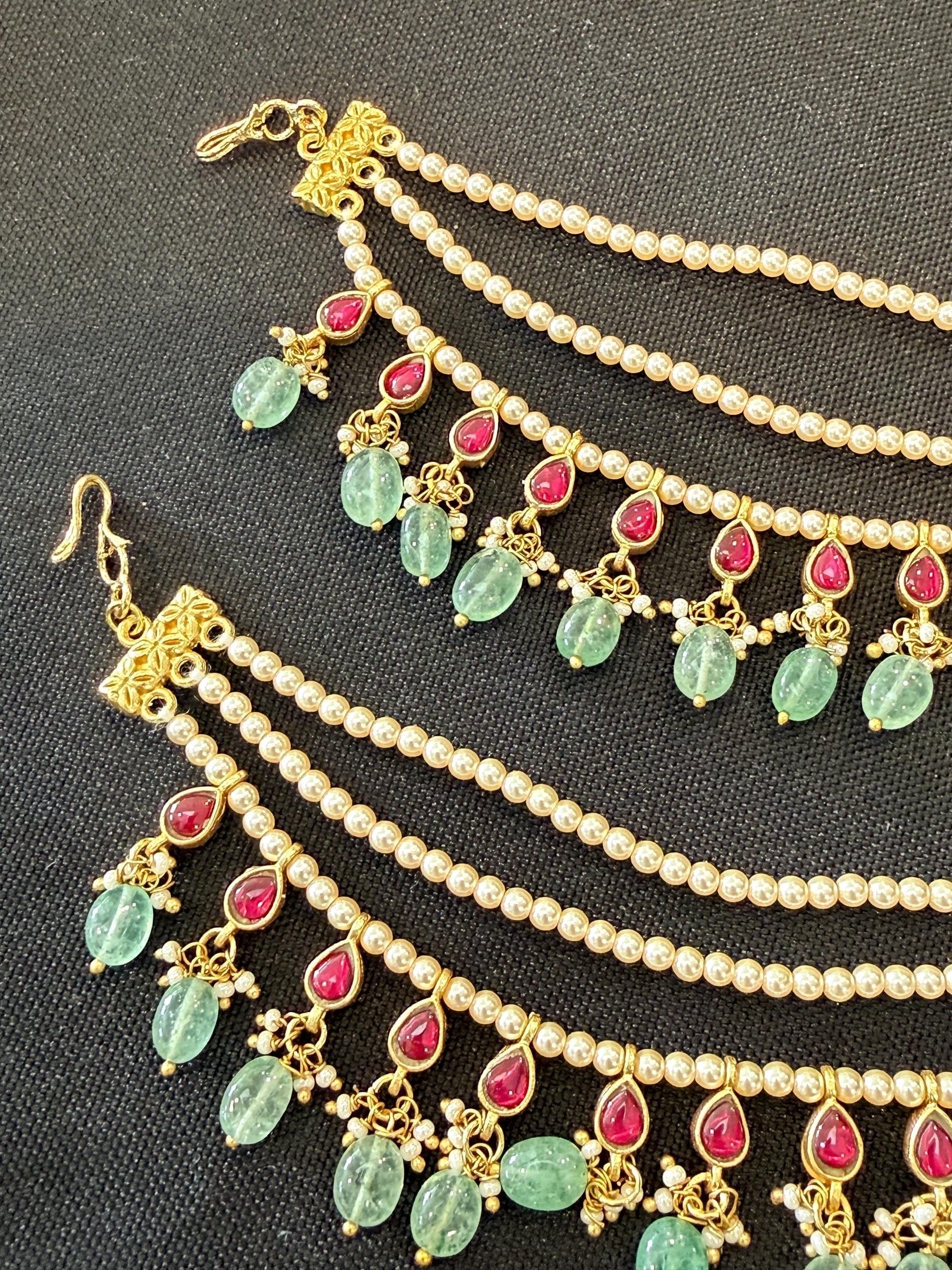 Jadau Kundan Ear Chain | Swarovski Pearl, Ruby, Green Stone | South Indian Bridal Jewelry — view 3
