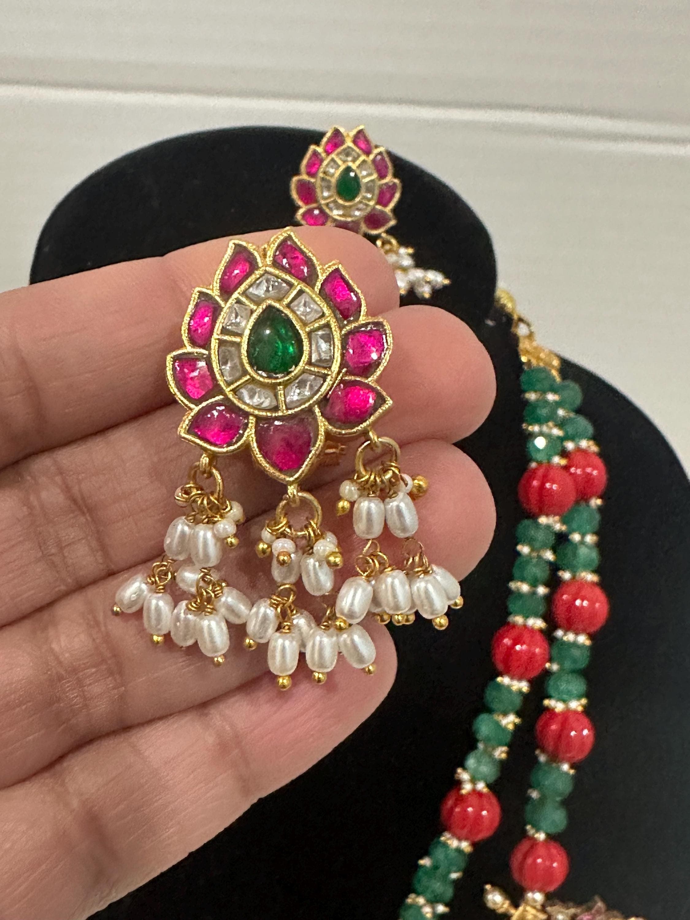 Indian Jewelry Set, Red Green Beaded Necklace, Gold Plated Earrings, Bollywood Jewelry — view 4