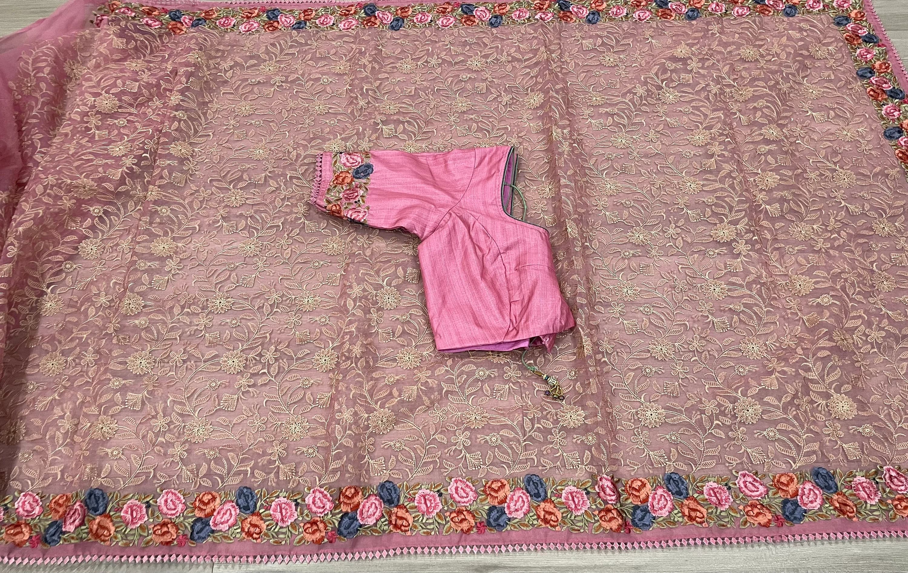 Organza Chikankari Parsi Embroidery Work Saree With Stitched Blouse — view 4