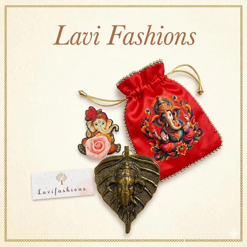 Ganesha Door Hanger Return Gift Set USA | Metal Door Hanger + Potli Bag + Haldi Kumkum | Indian Wedding Thamboolam Favor Bulk — view 1