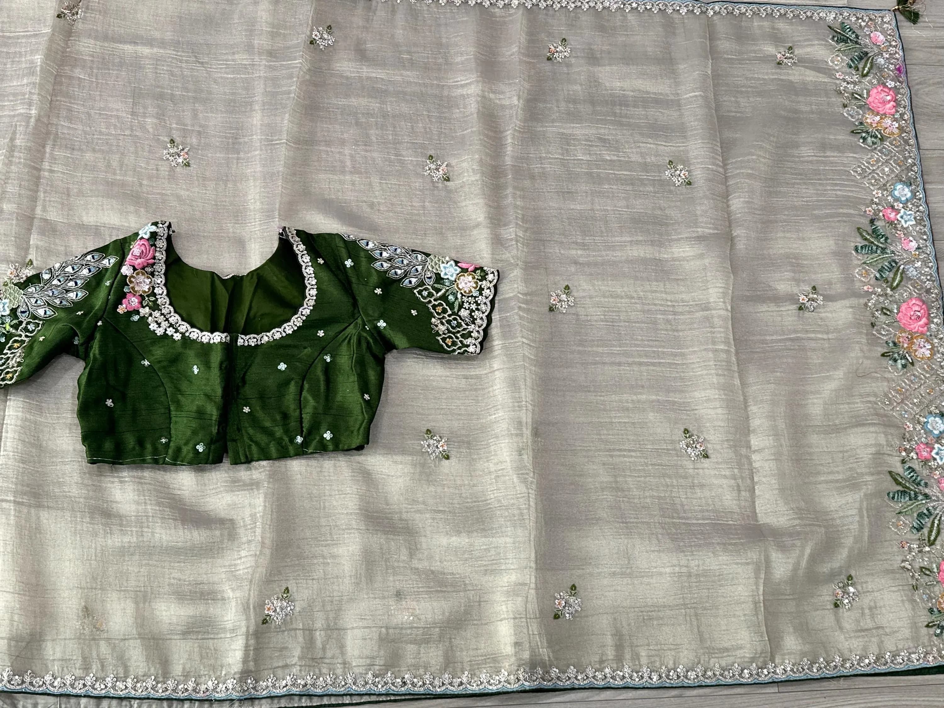 Tissue Saree with Coding Work Motifs and Scalloped Border | Party Wear Saree — view 4