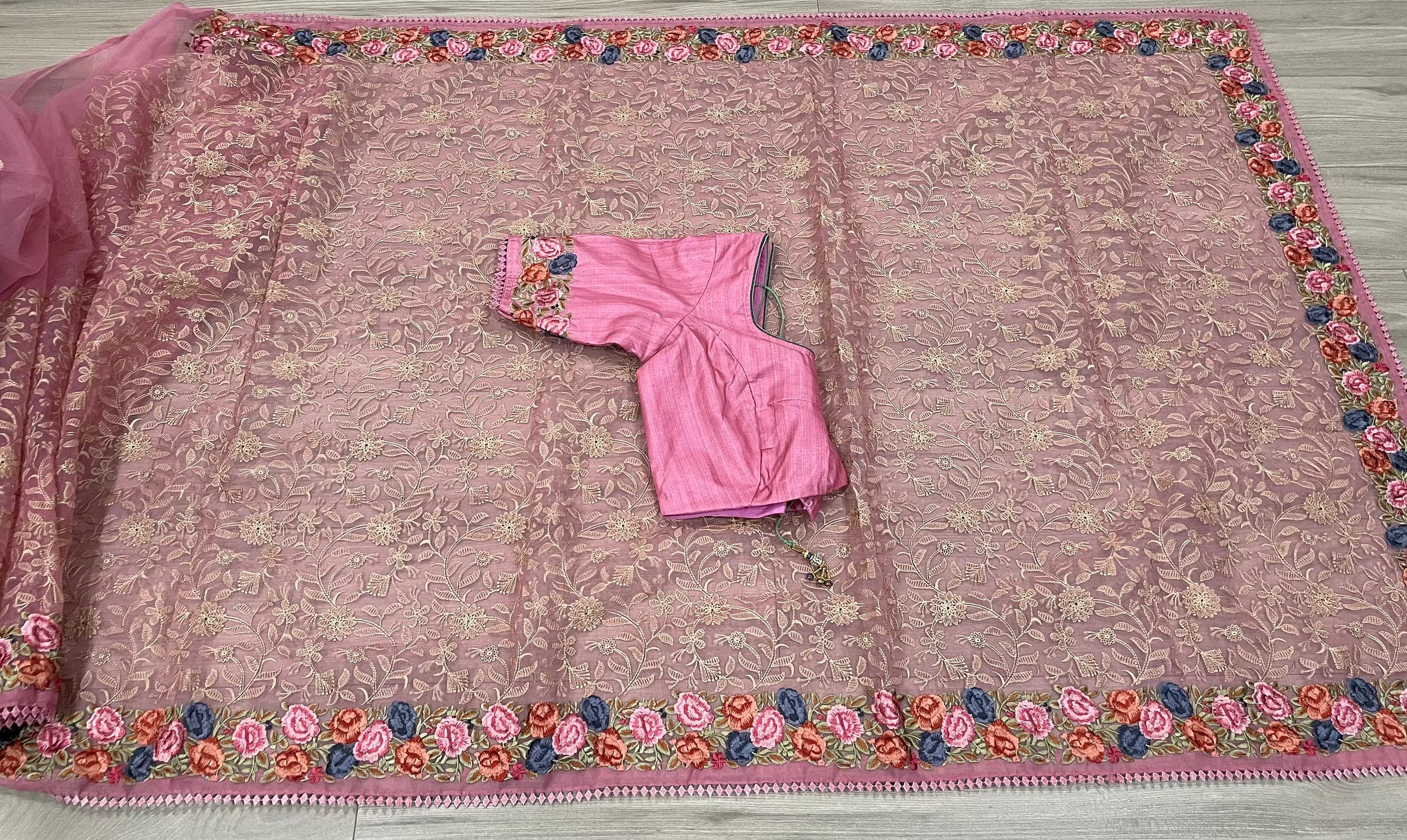 Organza Chikankari Parsi Embroidery Work Saree With Stitched Blouse — view 7