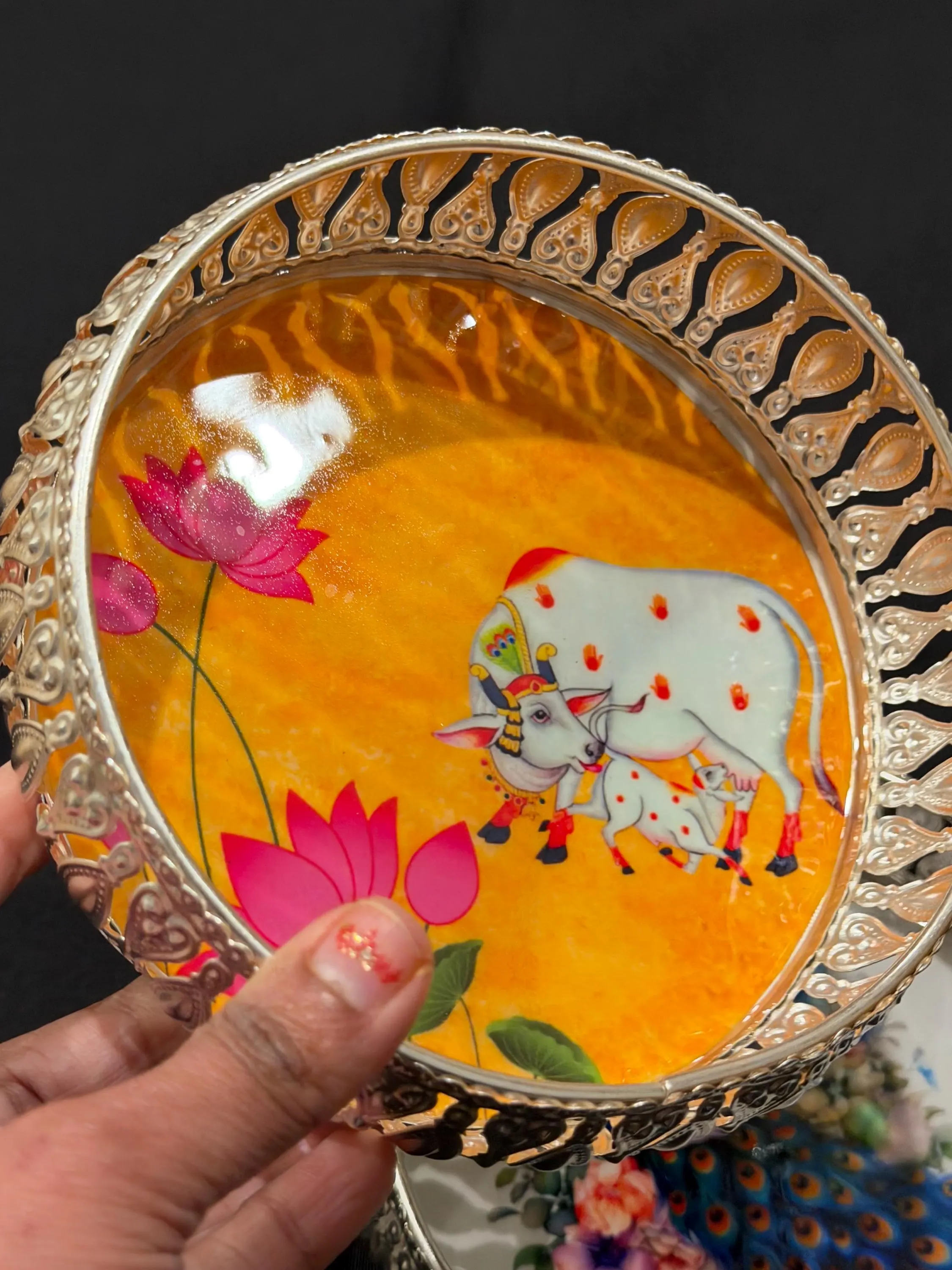 6” German Silver Pichwai Tray – Cow & Peacock Design, Indian Pooja Thali — view 7