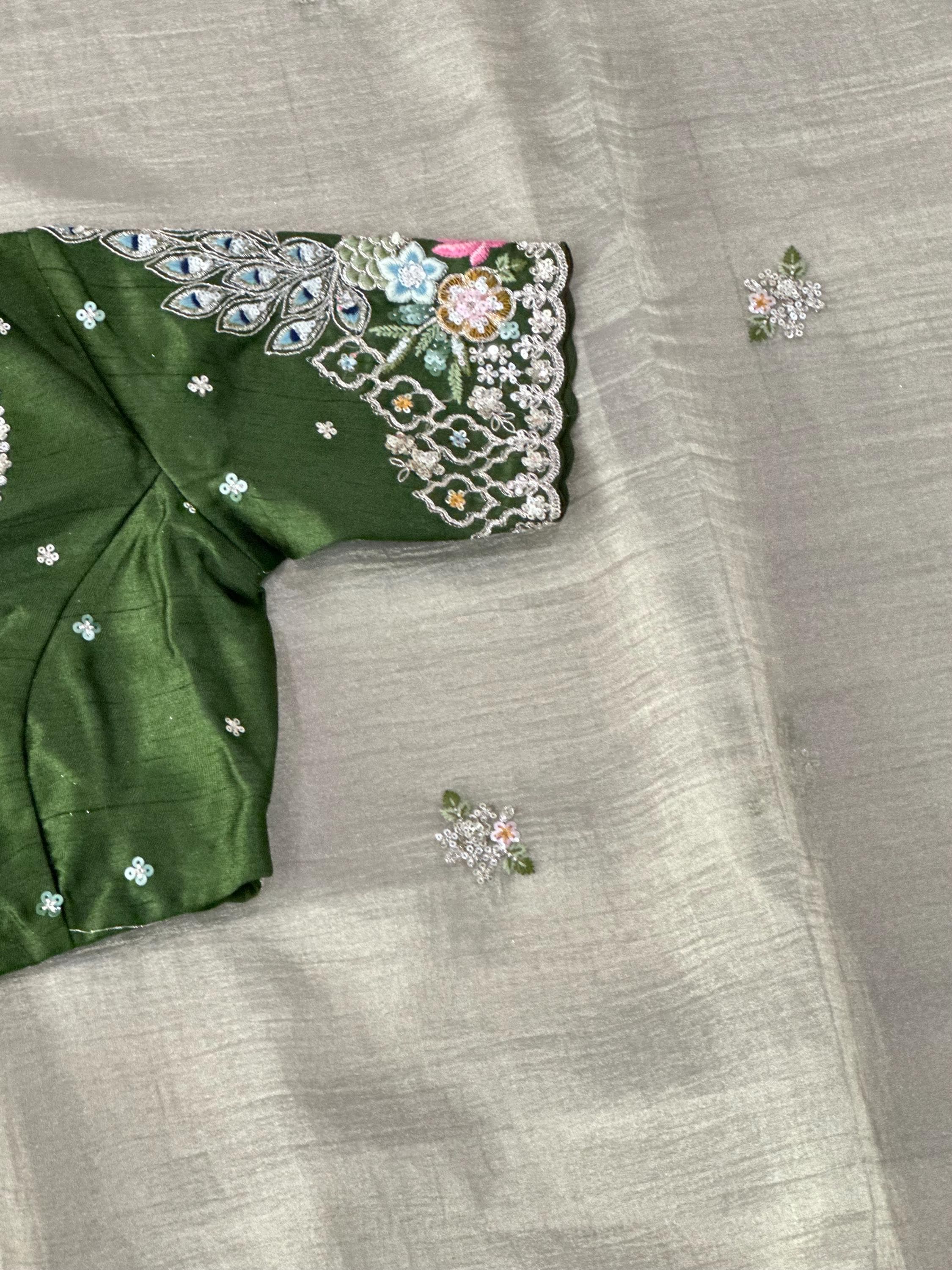 Tissue Saree with Coding Work Motifs and Scalloped Border | Party Wear Saree — view 5
