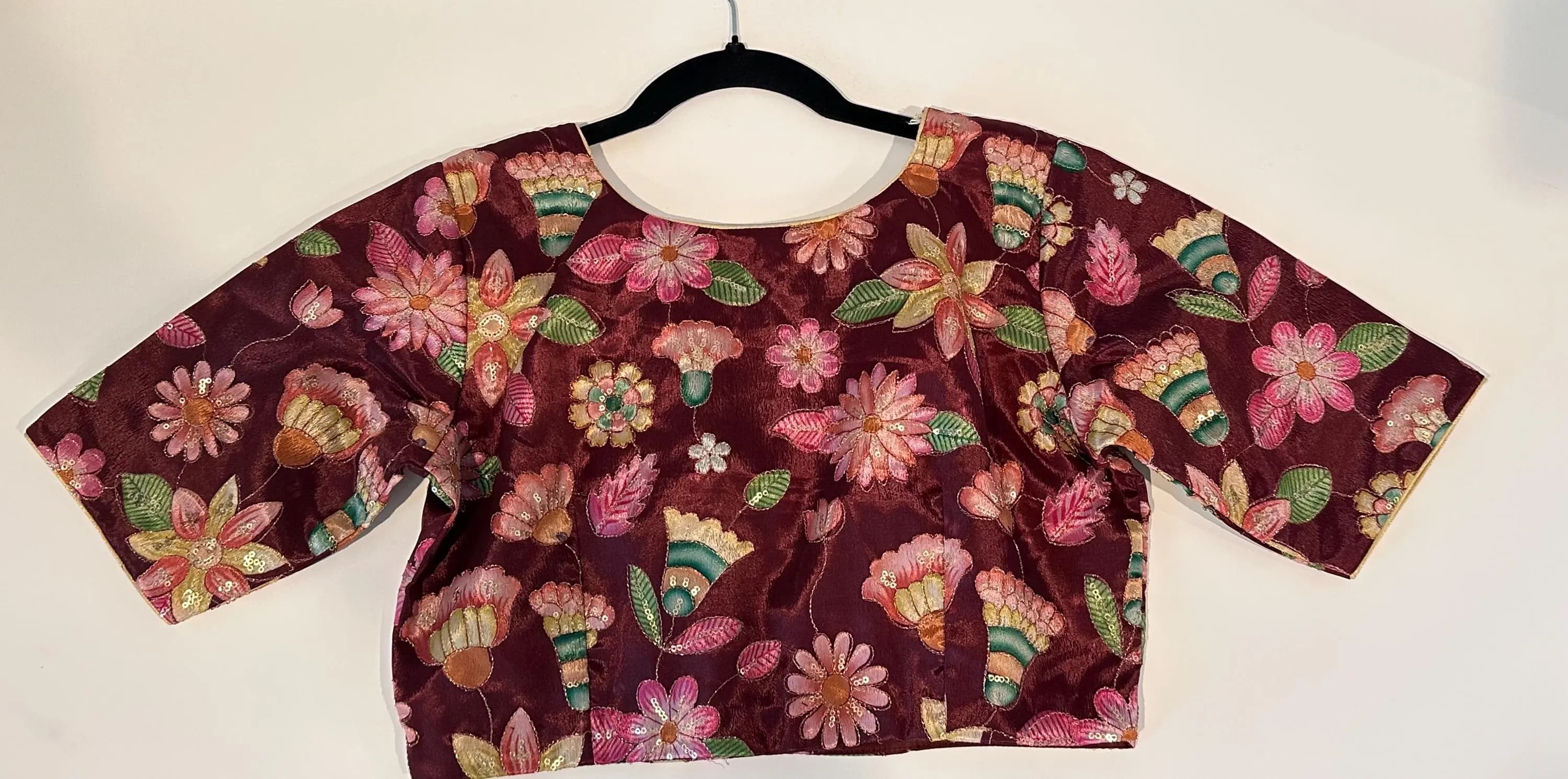 Kalamkari Silk Blouse: Indian Traditional Saree Blouse with Floral Embroidery — view 2