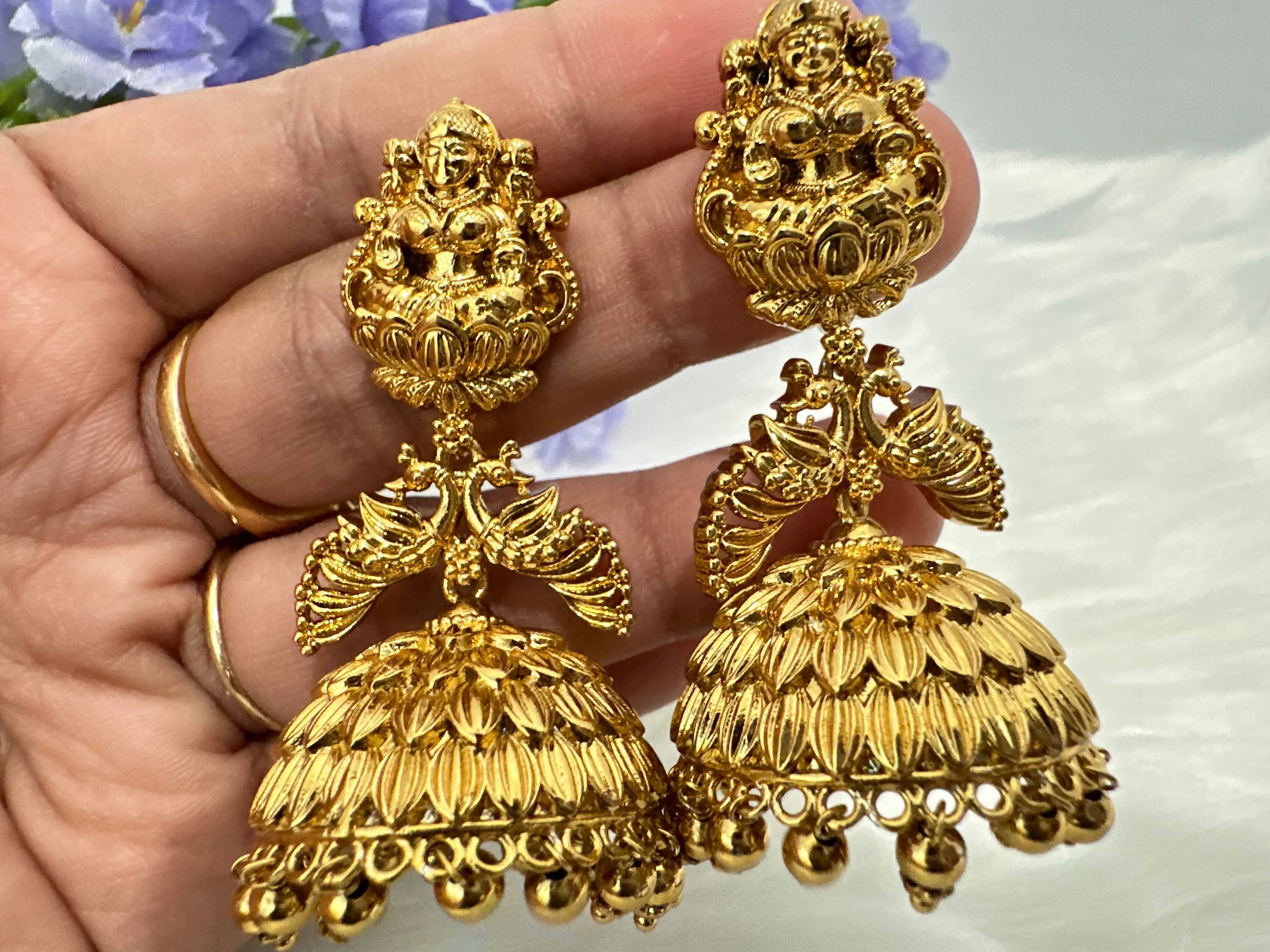 Matte gold finish laxmi design earrings — view 3