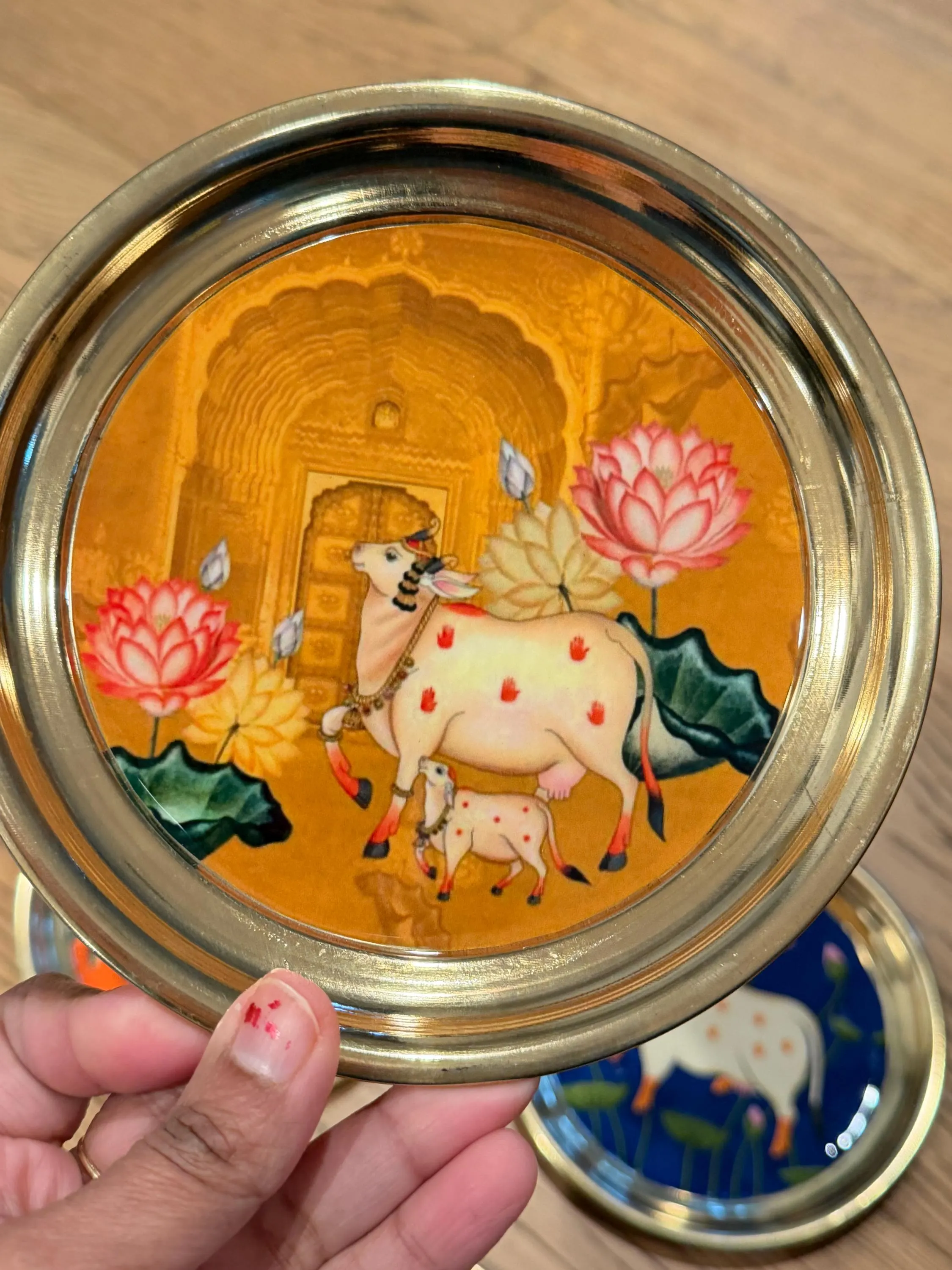 Brass Pooja Thali | Pichwai Cow Design Puja Plate | Indian Wedding Return Gift | Diwali Decor | Hindu Temple Plate — view 2