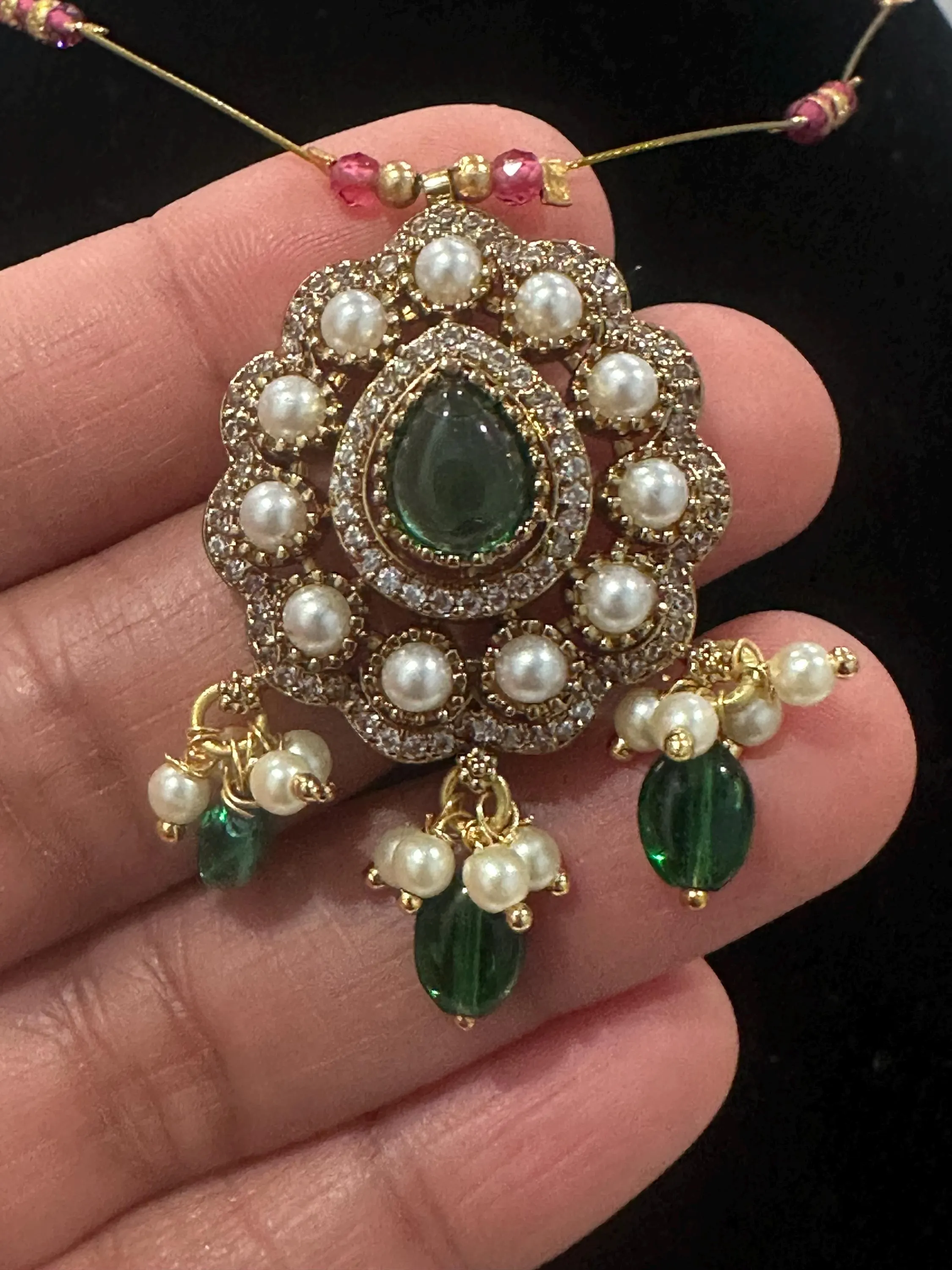 Gold Plated Emerald Pendant Necklace with Pearls and Beads — view 7