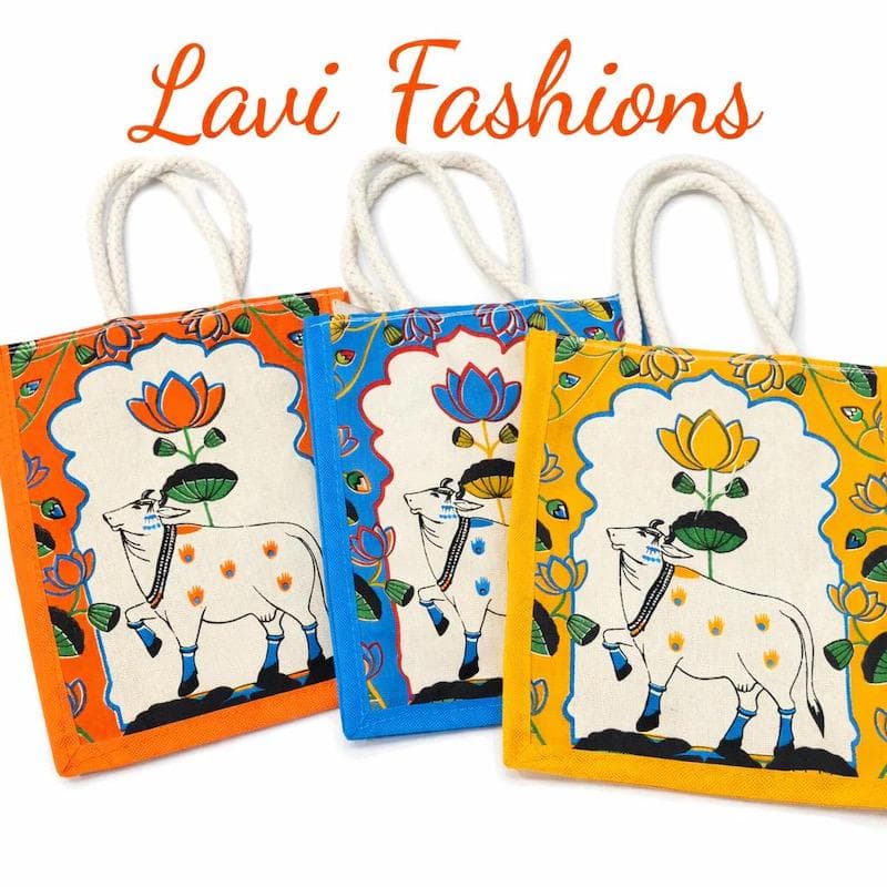Pichwai Cow Return Gift Set USA | Cow Jar + Jute Bag + Haldi Kumkum | Indian Housewarming Favor Bulk | South Indian Wedding Thamboolam Gift — view 3