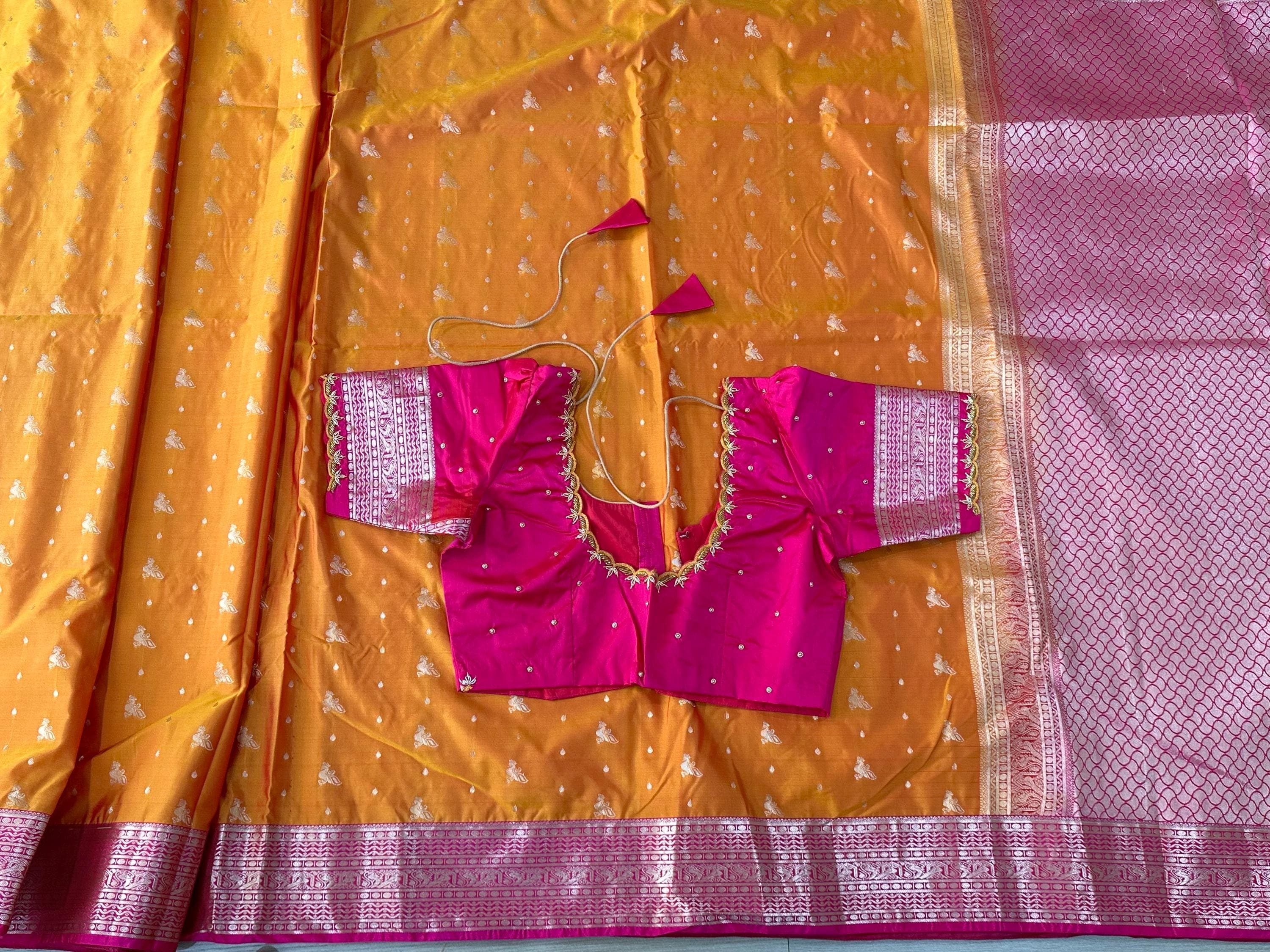 Soft Silk Semi Pattu Saree with Maggam Work Stitched Blouse | Ready to Wear Saree Set | Indian Wedding, Party, Festive Wear — view 4
