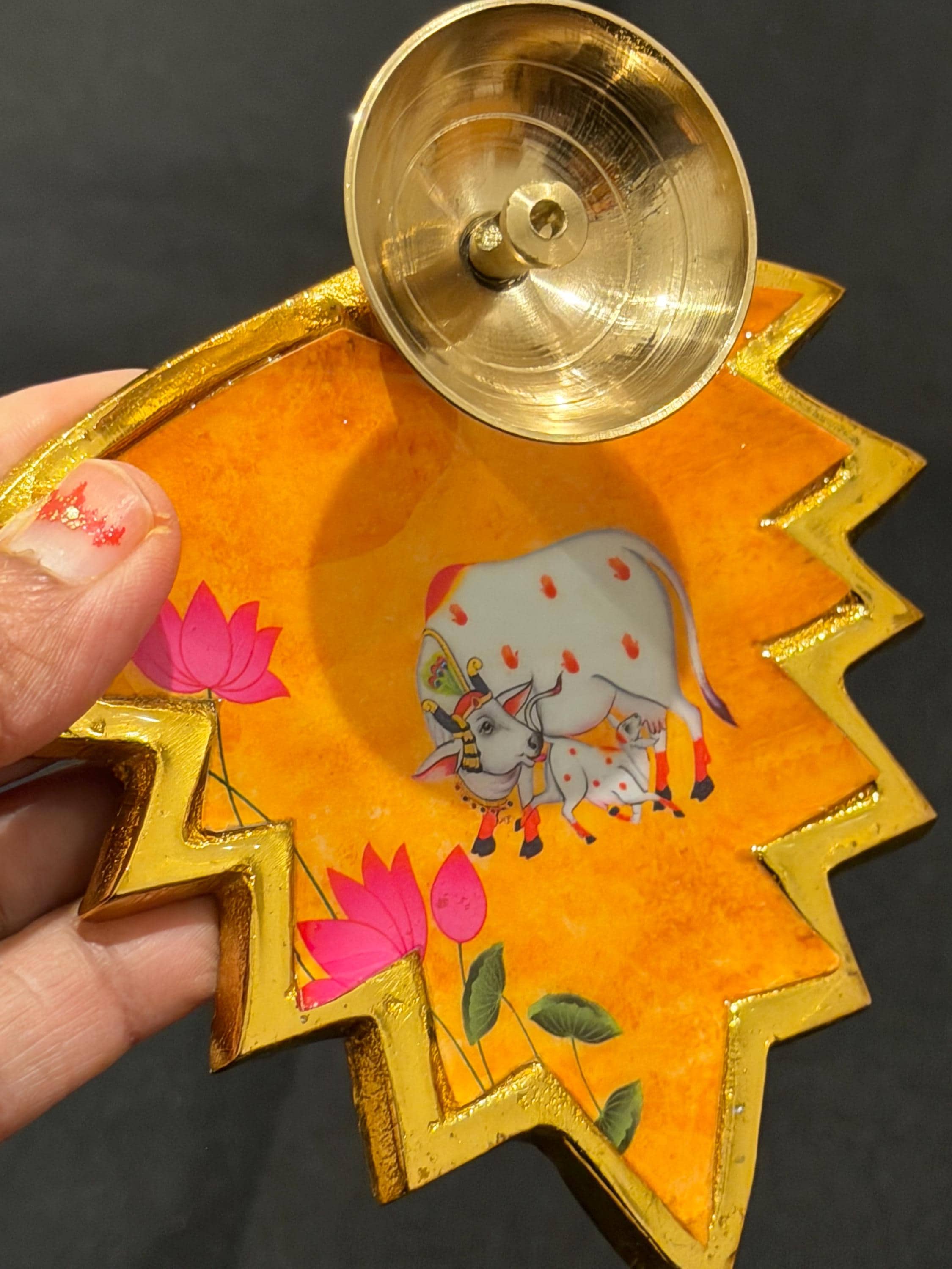 Pichwai Hand Painted Brass Diya – Cow Lotus Pooja Decor, Indian Diwali Gift — view 7