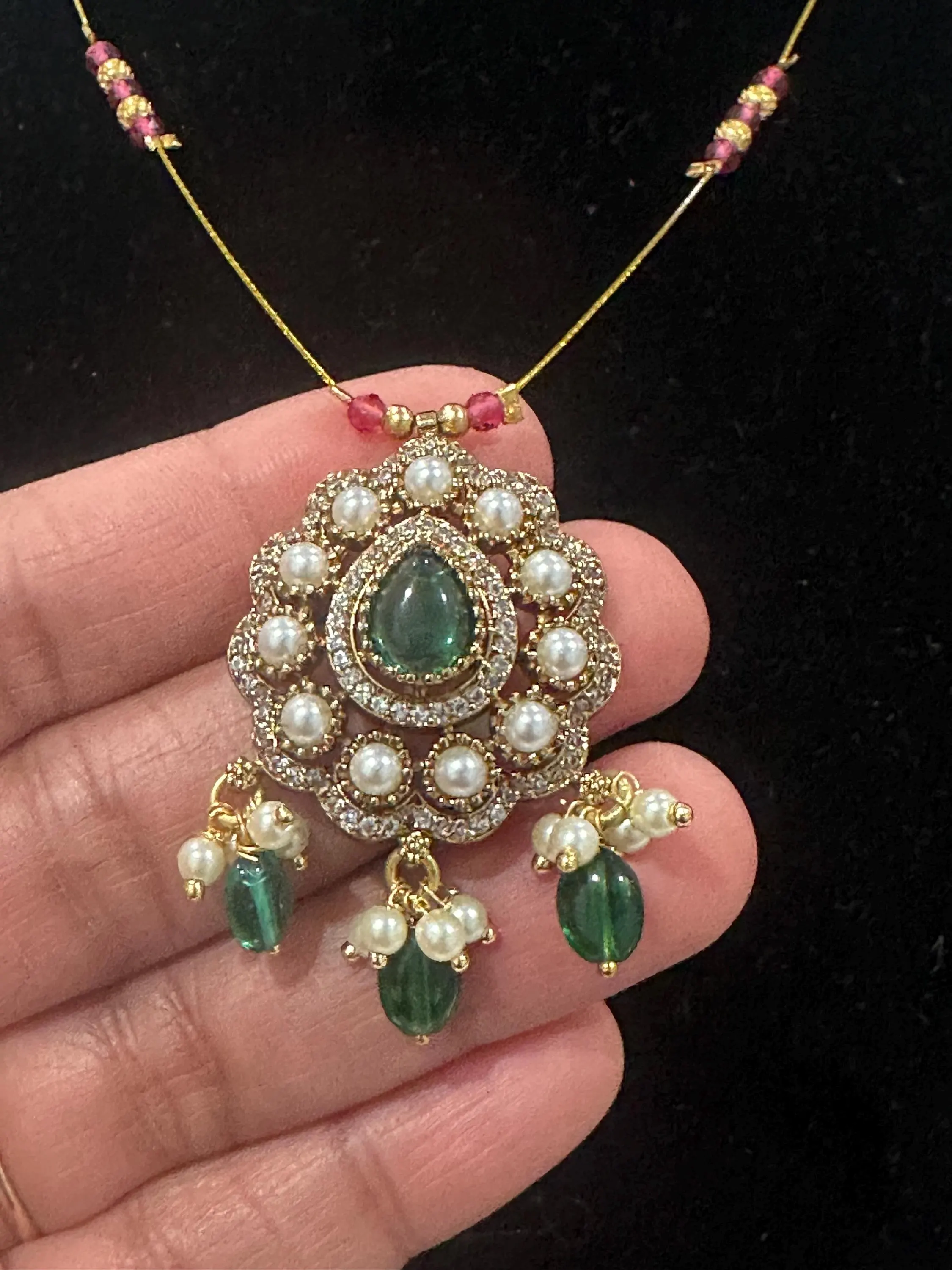 Gold Plated Emerald Pendant Necklace with Pearls and Beads — view 4