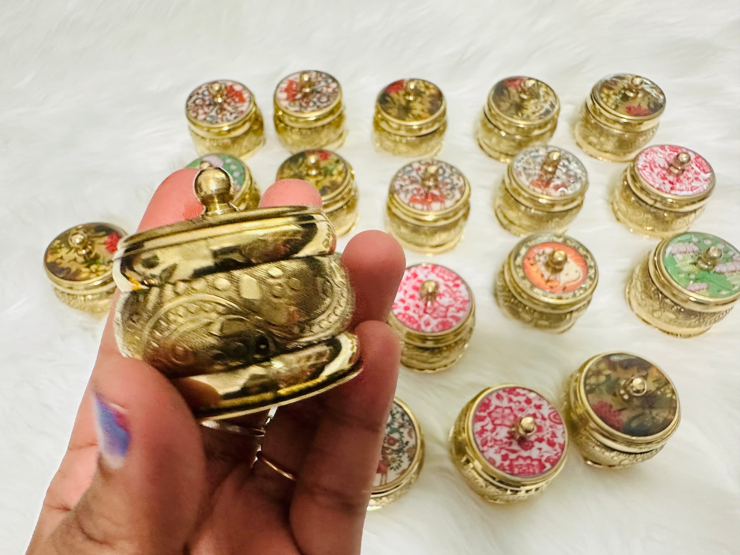 Brass Kumkum Dibbi Set | Traditional Indian Baby Shower Pooja Gifts (Pack of 10) — view 5