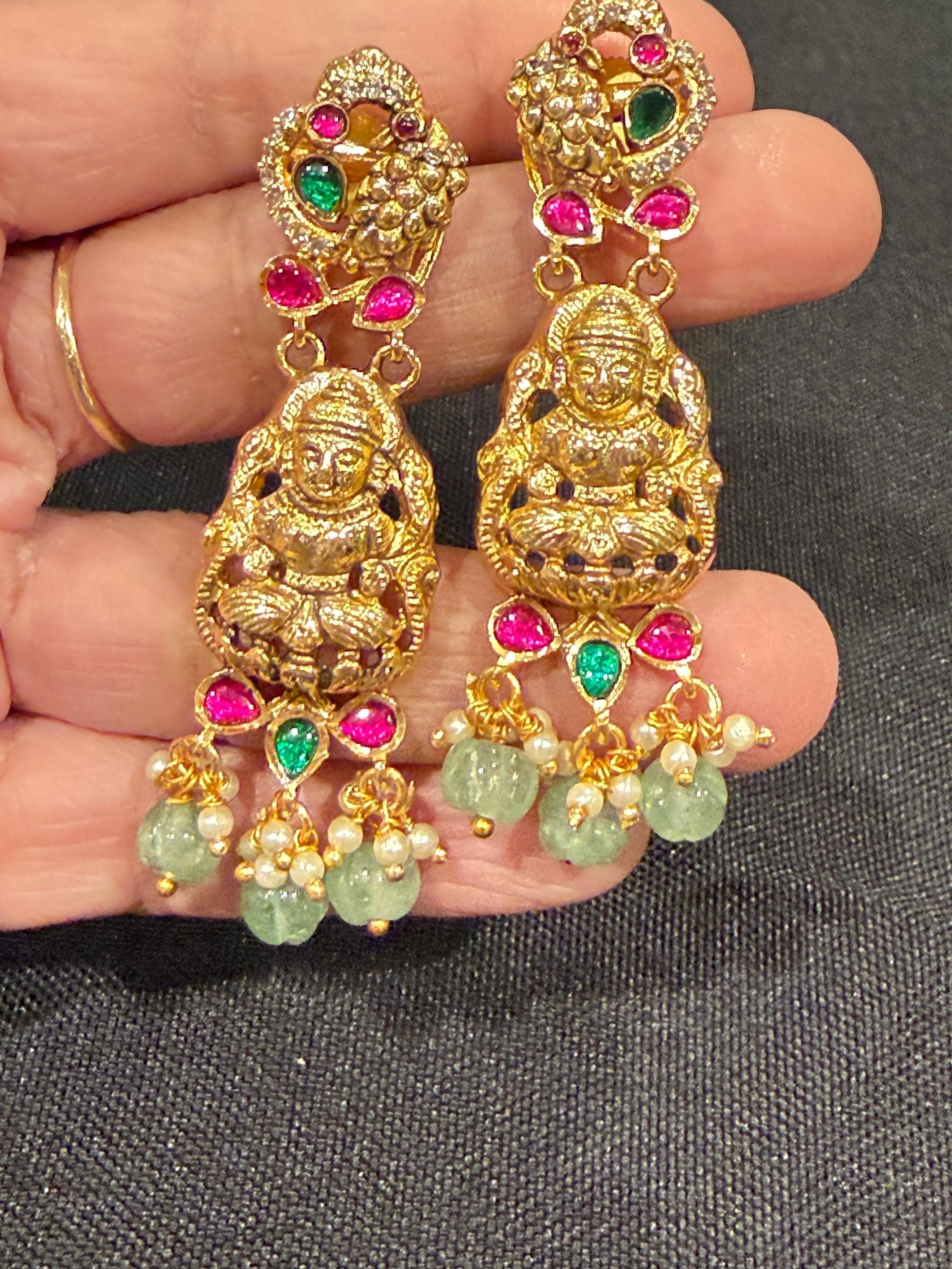 Lakshmi Jadau Kundan Earrings | Temple Jewelry with Pearl Drops — view 4